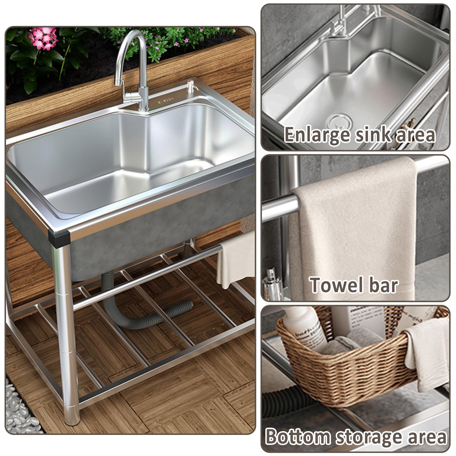 Evier Inox 1 Bac, Évier De Jardin Extérieur Portable, Avec Chaud/Froid Robinet Et Support, Pour Cuisines, Jardin, Garage, Waschküche(45 * 40cm/17.7 * 15.7in)