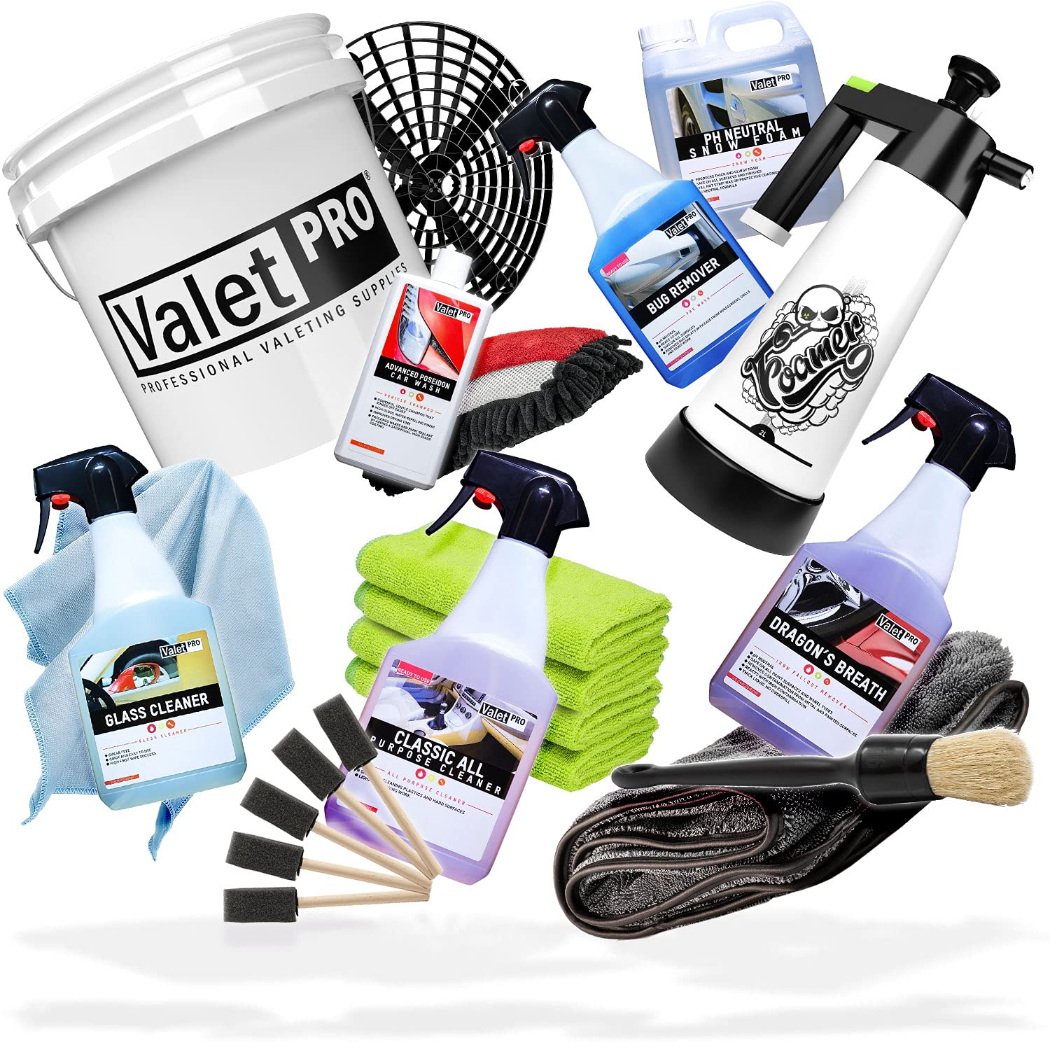detailmate Auto Handwäsche Set mit ValetPRO für Vorwäsche, Felgen, Hauptwäsche, Innenreinigung, Glasreinigung, Trocknen darunter pH neutral Snow Foam, Dragons Breath Felgenreiniger, Premium Zubehör