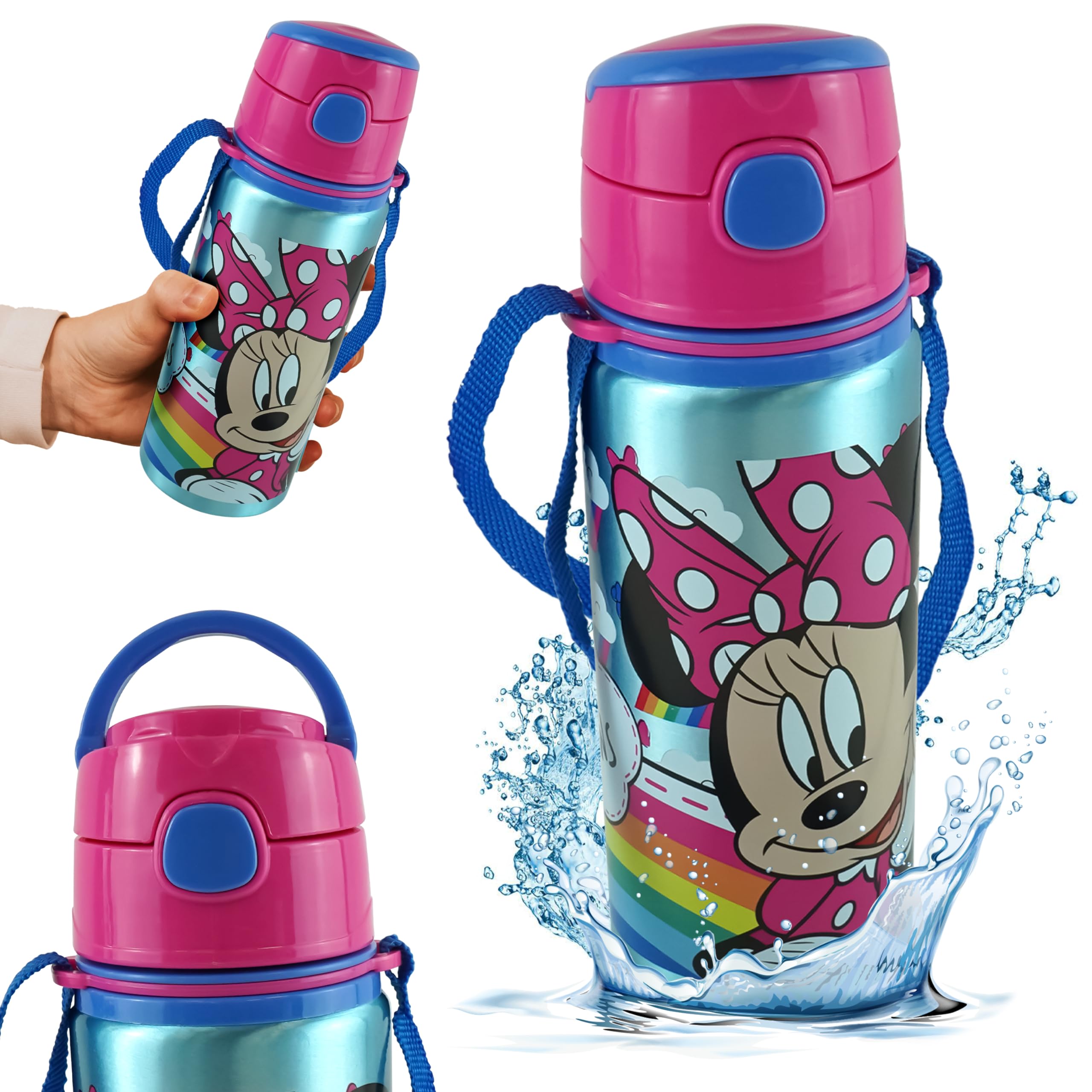 Srv Hub Minnie Mouse Leak Proof Sports Water Bottle, 600Ml Aluminium Automatic Button Opening Water Lightweight Leakproof Kbt Disney Bottle For Ideal For School Nursery Sports Picnic Kids | 21.5Cm