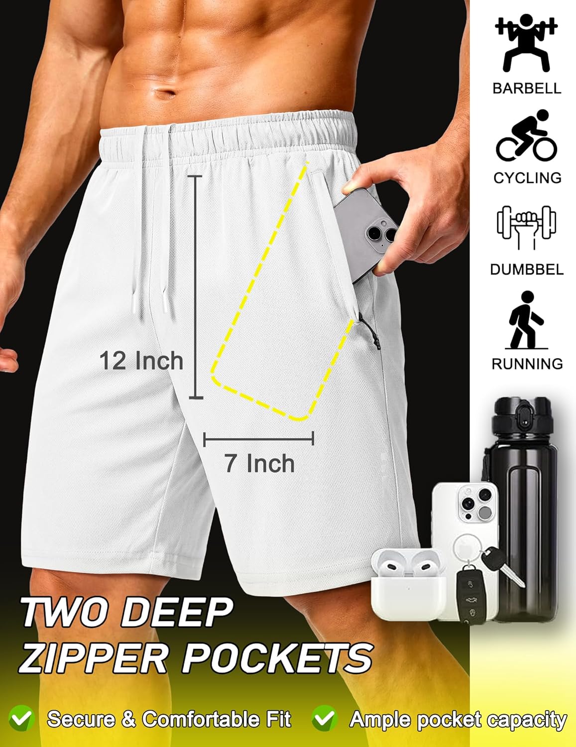 COOFANDY Mens Athletic Running Shorts 9" Lightweight Quick Dry Drawstring Mesh Gym Shorts with Zipper Pockets - Image 6