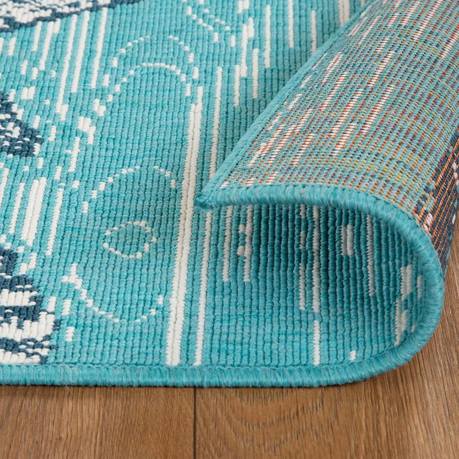 SUPERIOR Indoor Outdoor Runner, Coastal Tropical Floor Decor for Patio, Poolside, Kitchen, Living Room, Bedroom, Jute Backing, Seashells Starfish, Kalihiwai Collection, 2' 7" x 8', Blue-Green/Cream