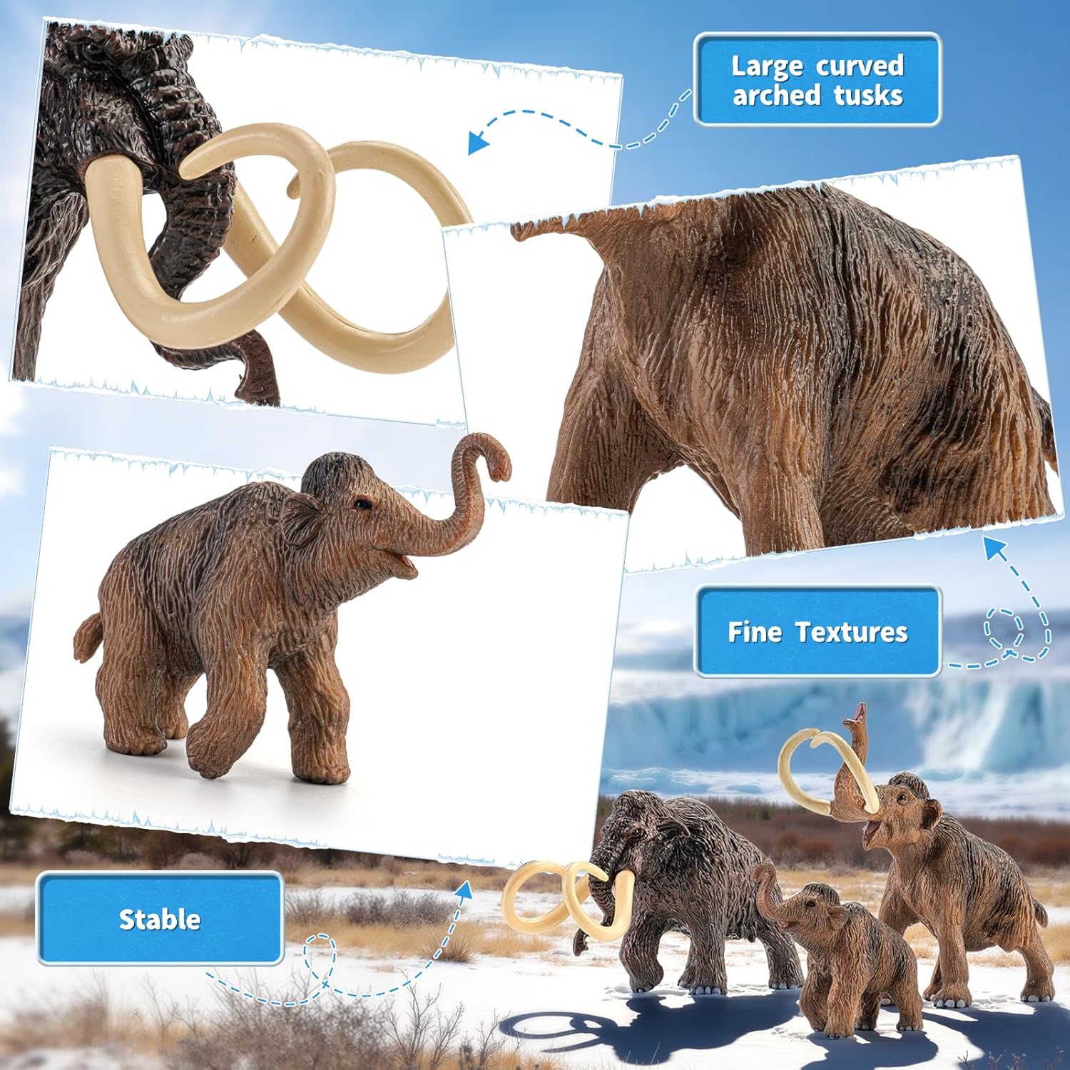Totsmlie 3PCS 6" Woolly Mammoth Family Toy Figurines, Solid Prehistoric Animals Toys for Kids 3 4 5 6+, Educational Toy for Boys Girls, Suitable for Cake Decoration Kids Birthday Gifts Party Favors