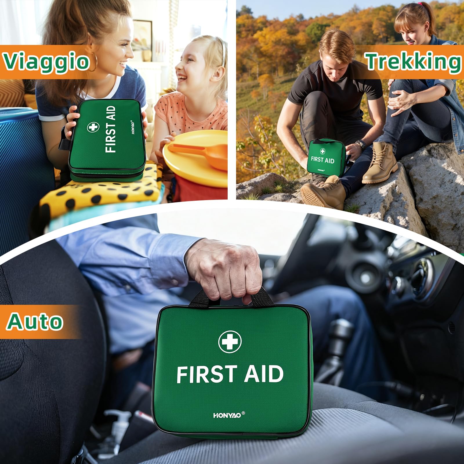 HONYAO Kit di Pronto Soccorso 180 Pezzi, Kit Primo Soccorso Completo per Casa Auto Aziende Sport Viaggio Camping Trekking Bambini, Verde