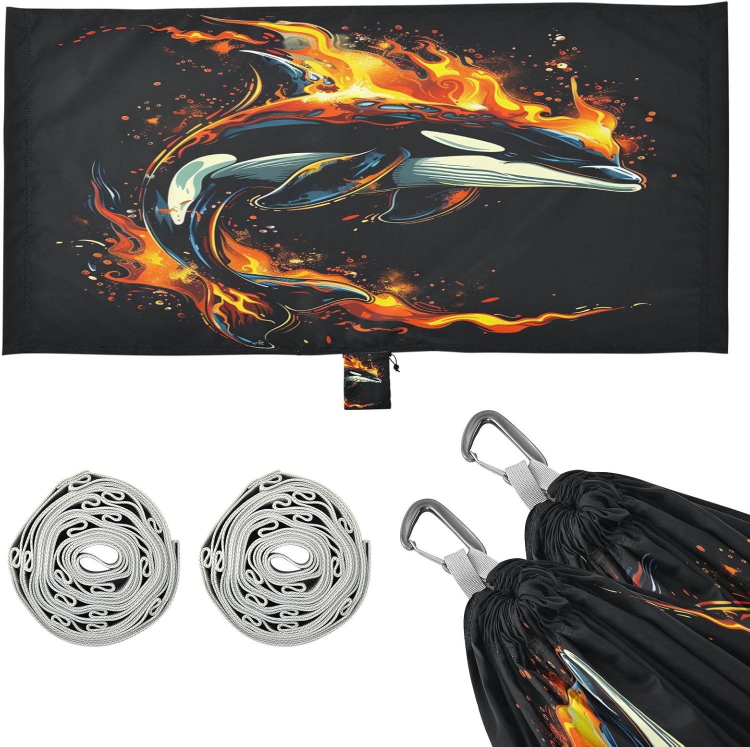 ALAZA Killer Whale Flame Camping Hammocks Single or 2 Person 500 lbs Portable Parachute Travel Hammock w/Tree Straps for Hiking Backpacking Indoor Outdoor