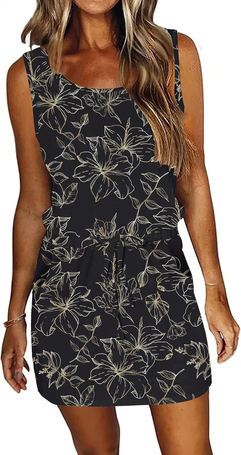 AUSELILY Summer Dress, Women's Casual Sleeveless Beach Dress, Drawstring, High-Waist Swing Mini Dresses with Pockets