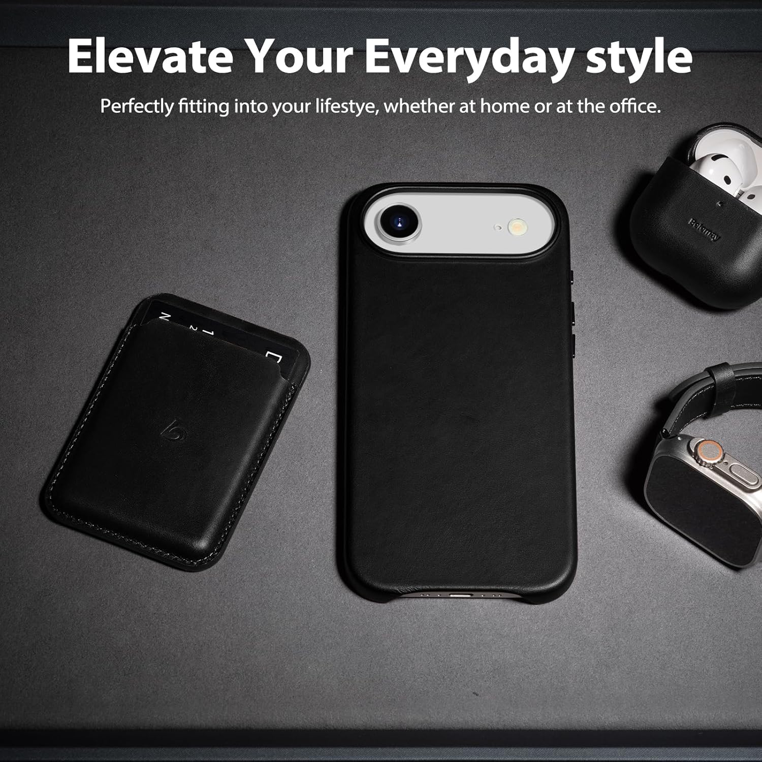 Belemay Handcrafted Full-Grain Vegetable-Tanned Leather Case for iPhone 17 Air, Compatible with MagSafe, Classy Two-Tone Effect, Natural Patina, Camera Control Button, Metal Buttons (6.5"), Black - Image 8