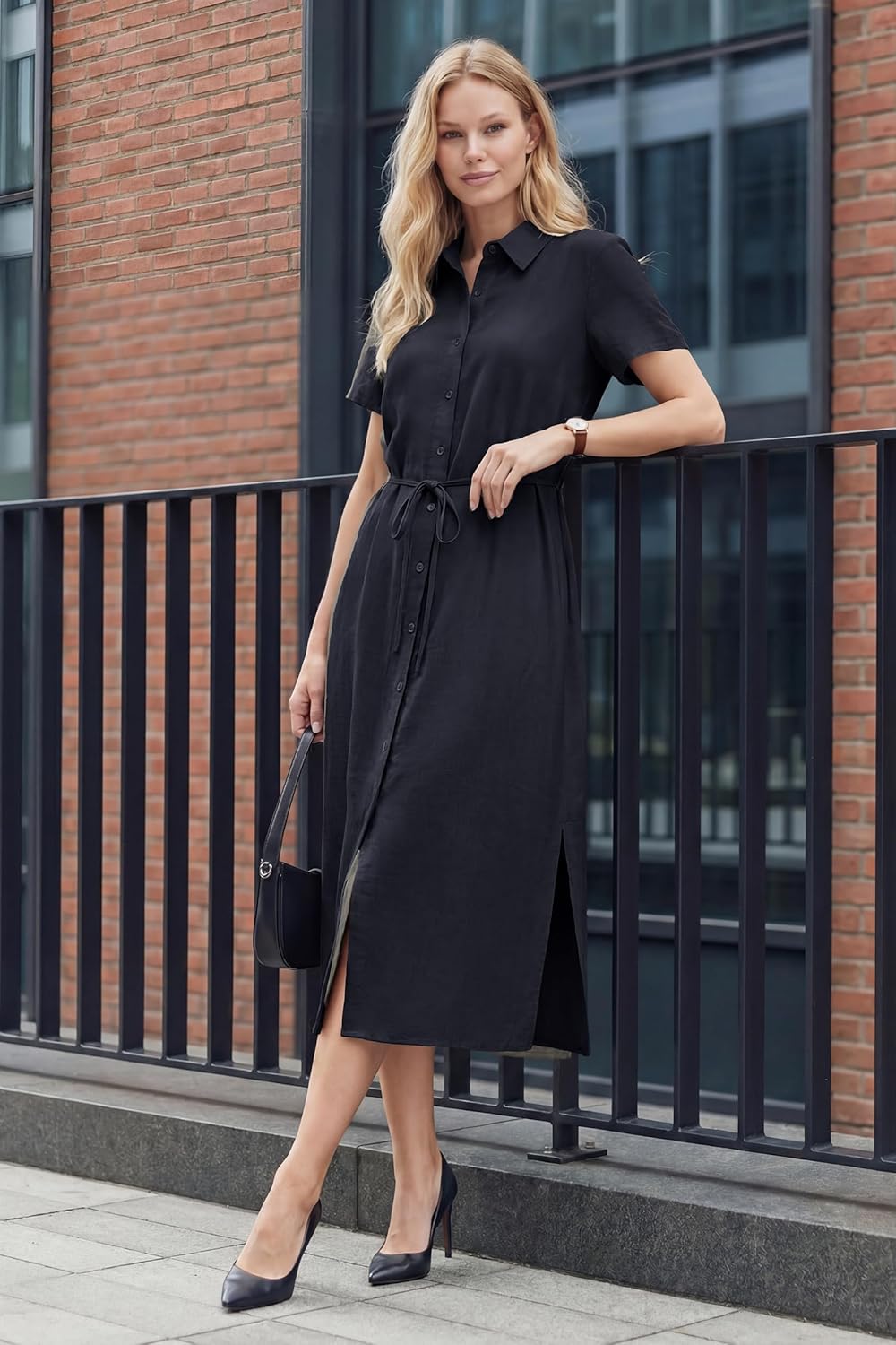 Arach&Cloz Women's Linen with Pockets Midi Summer Spring Shirt Dress 2026