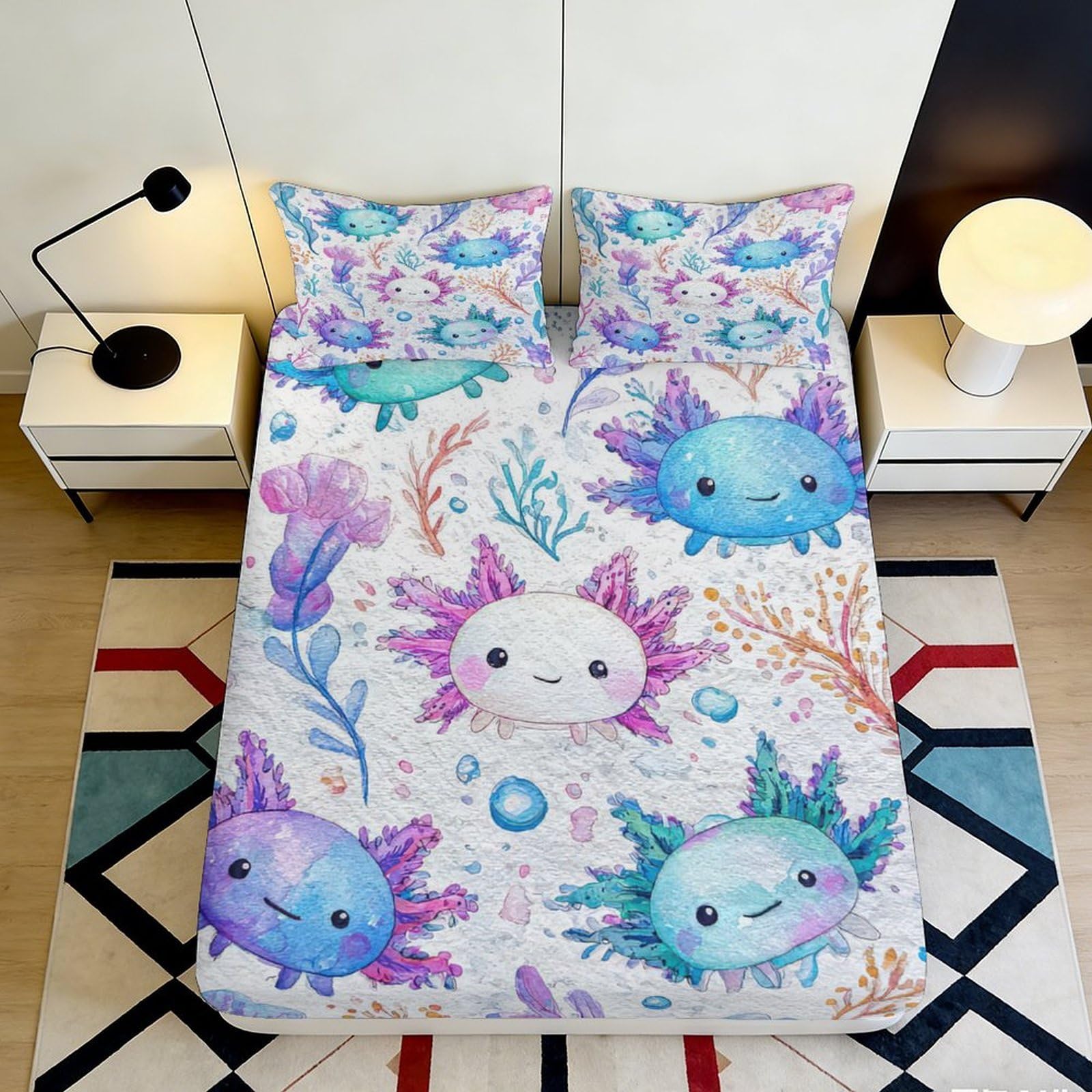 3D Printed Cute Axolotl Fitted Sheet Microfiber Soft Colorful Underwater Mattress Cover for Bedroom Dorm Mattress Protection Decor 90x200x25cm