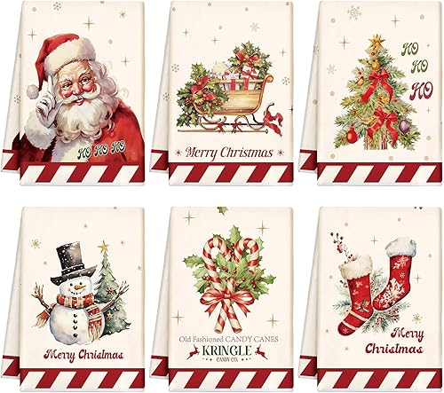 Mixweer 6 Pcs Christmas Kitchen Towels Absorbent Dish Towels Vintage Xmas Snowman Santa Claus Bathroom Hand Dish Tea Towel Christmas Decoration for