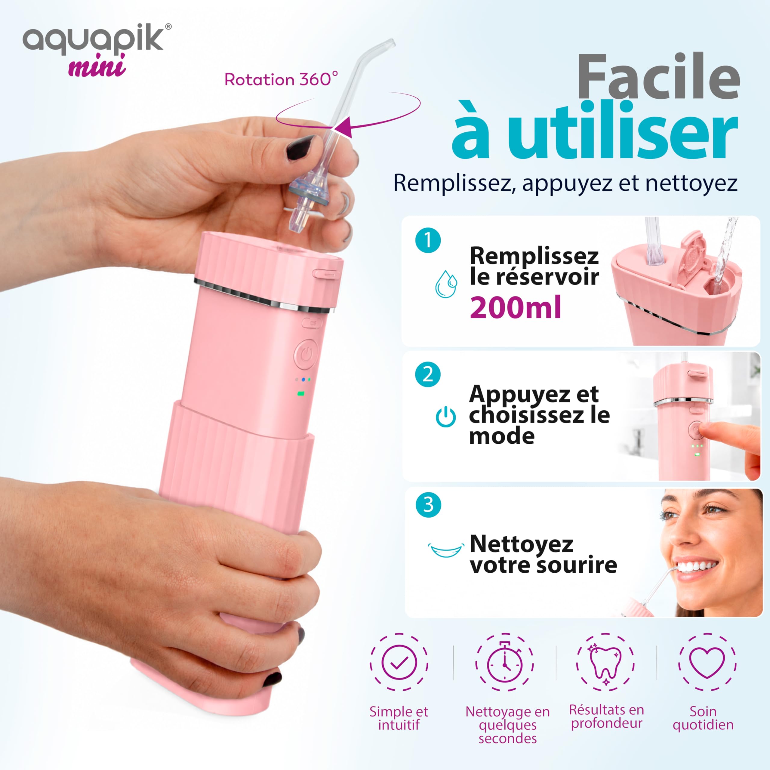 Aquapik® Mini Hydropulseur Dentaire Portable 200 ml, réservoir télescopique, rechargeable USB-C, 3 modes de pression, étanche IPX8, idéal pour les voyages et le bureau, nettoyage dentaire profond.