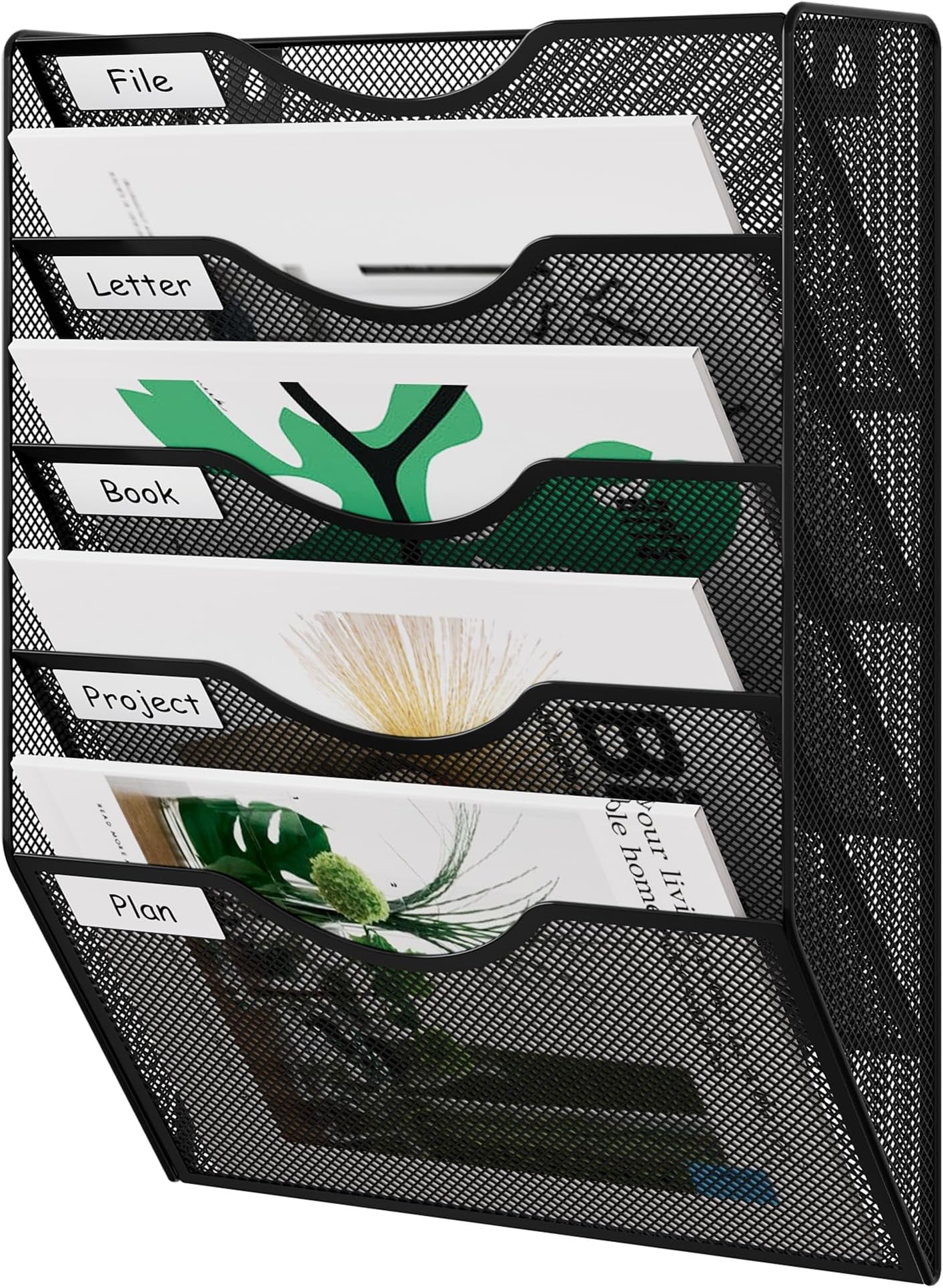 EasyPAG Wall File Organizer 5 Tier Hanging Paper Folder Holder, Zero Assembly Metal Mesh Wall Mounted Mail Organizer for Office Home Classroom Narrow Spaces, Black