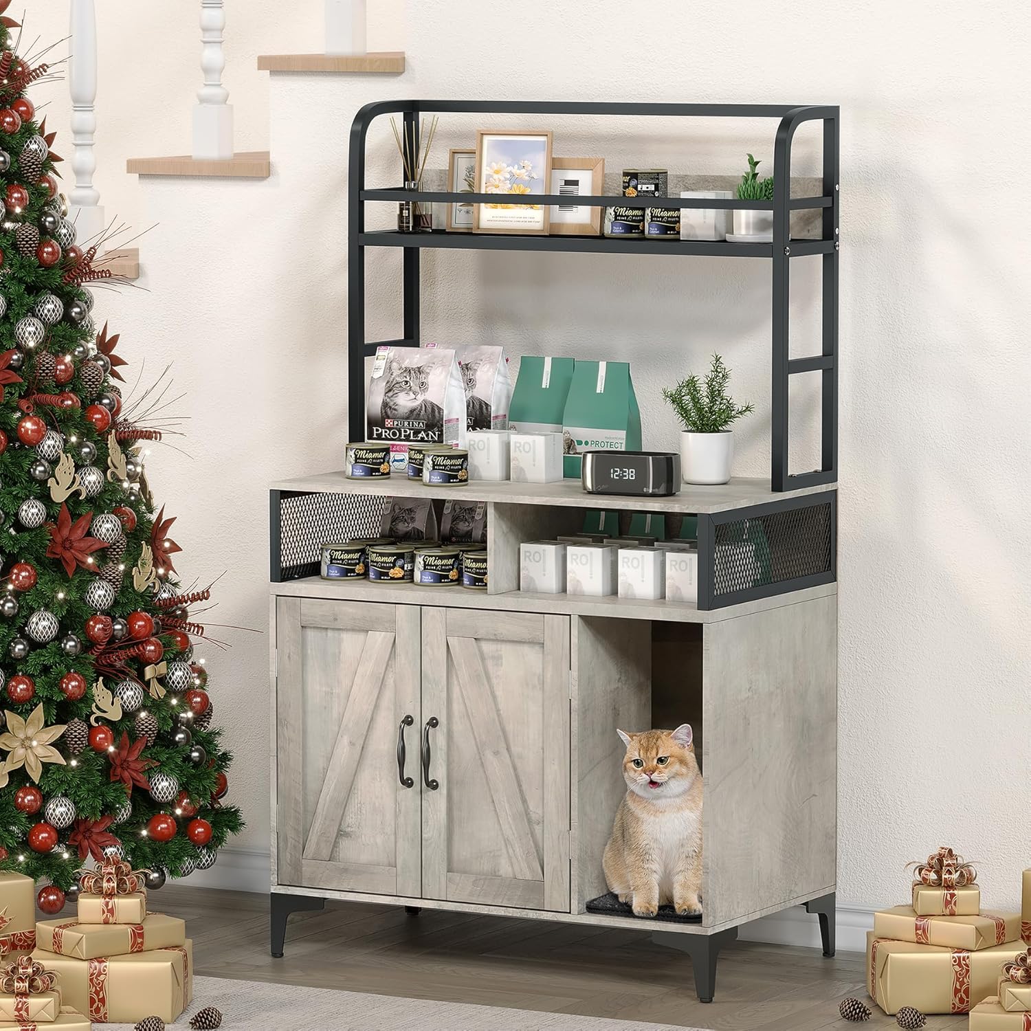 GAOMON Cat Litter Box Enclosure, 3 Shelves, Modern Style, Hidden Litter Box Furniture with Storage and Doors, Grey