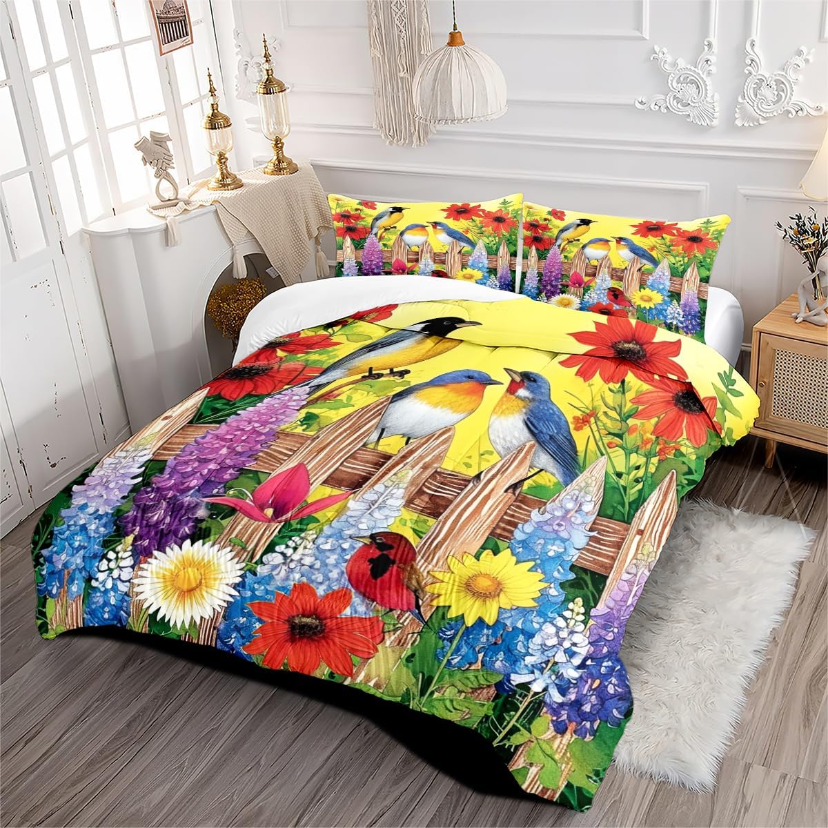 Hummingbird Comforter Set King Size Garden Bird Flower Botanical Plant Bedding Sets Colorful Floral Animal Comforter 3Pcs Soft Microfiber Comforter for All Season（Adult Girls Women）