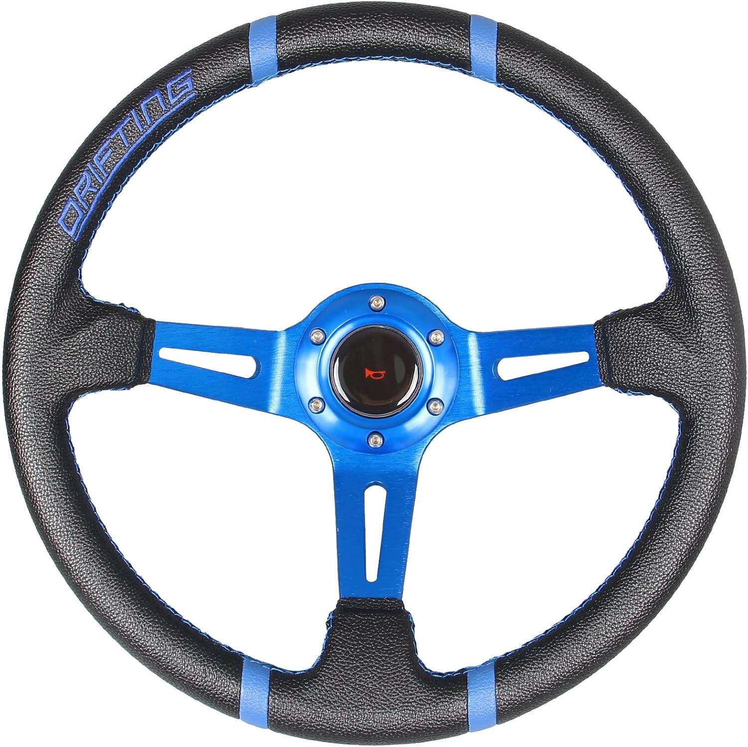 13.8''Universal Deep Dish Racing Steering Wheel with Vinyl Leather Aluminum Blue Spokes 6 bolts Drifting Steering Wheel with Horn Button