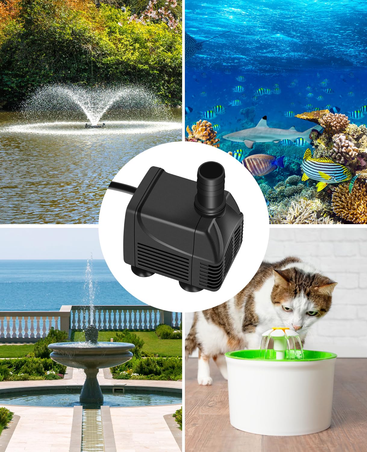 MOSFiATA Mała pompa głębinowa – zasięg 800 l/h, 220 V, 10 W, kabel 2,5 m, wąż 1,5 m i 2 dysze – idealna do akwariów, ogrodów, studni i stawów