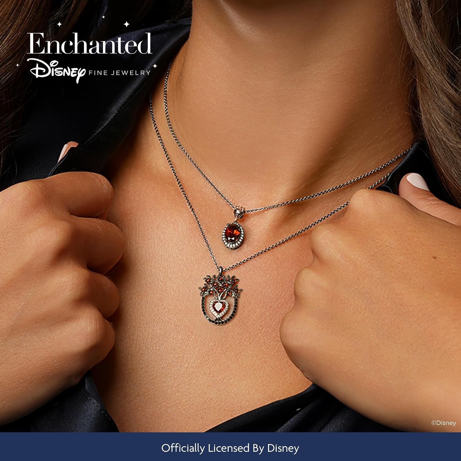 Jewelili Enchanted Disney Fine Jewelry Black Rhodium over Sterling Silver with 1/4 CTTW White and Black Diamond and Garnet Evil Queen Dark Woods Pendant Necklace
