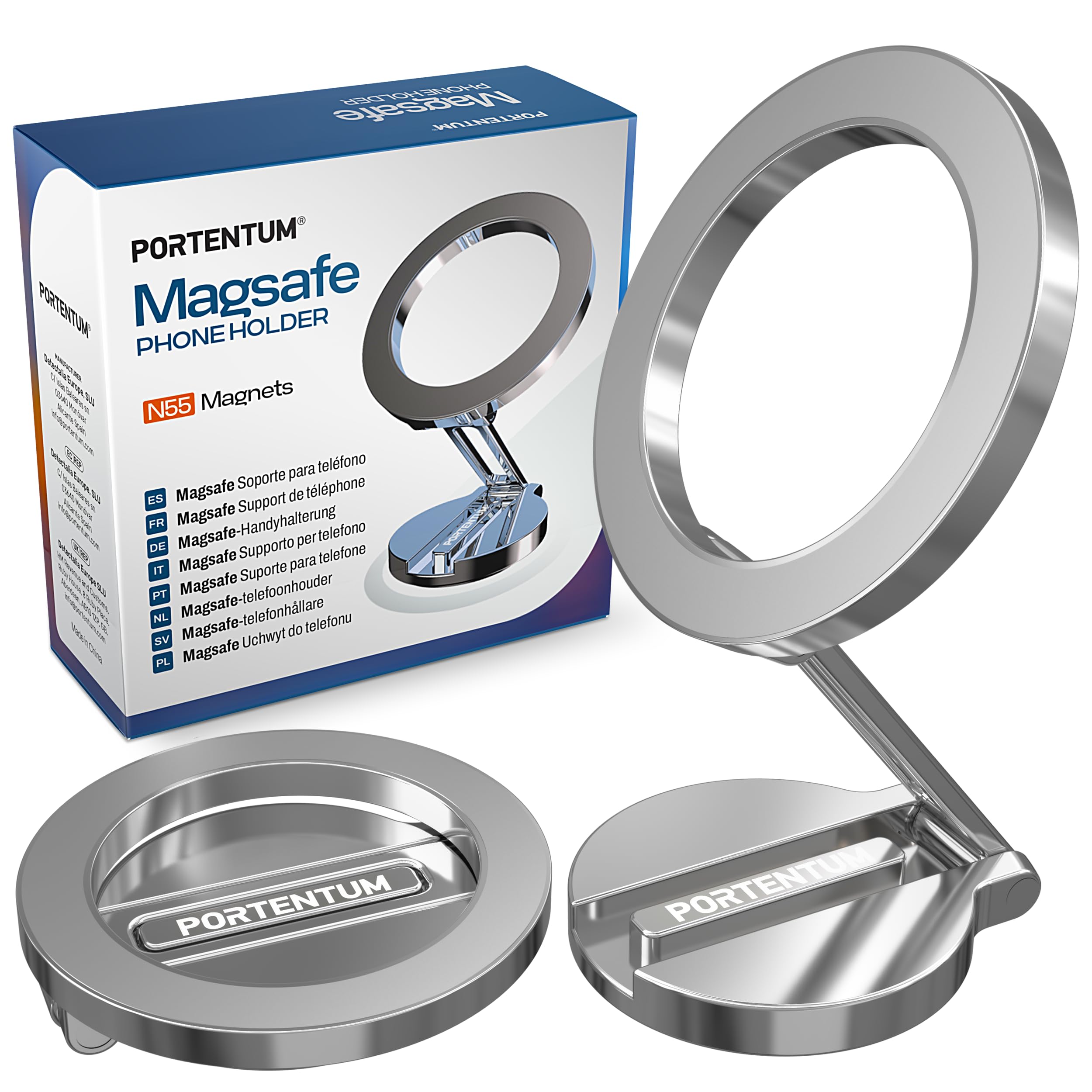 PORTENTUM Soporte Movil Coche Magsafe Plegable – con Potente Iman (20x N52) y Rotación 360° – para Salpicadero Oficina u Otras Superficies - Silver