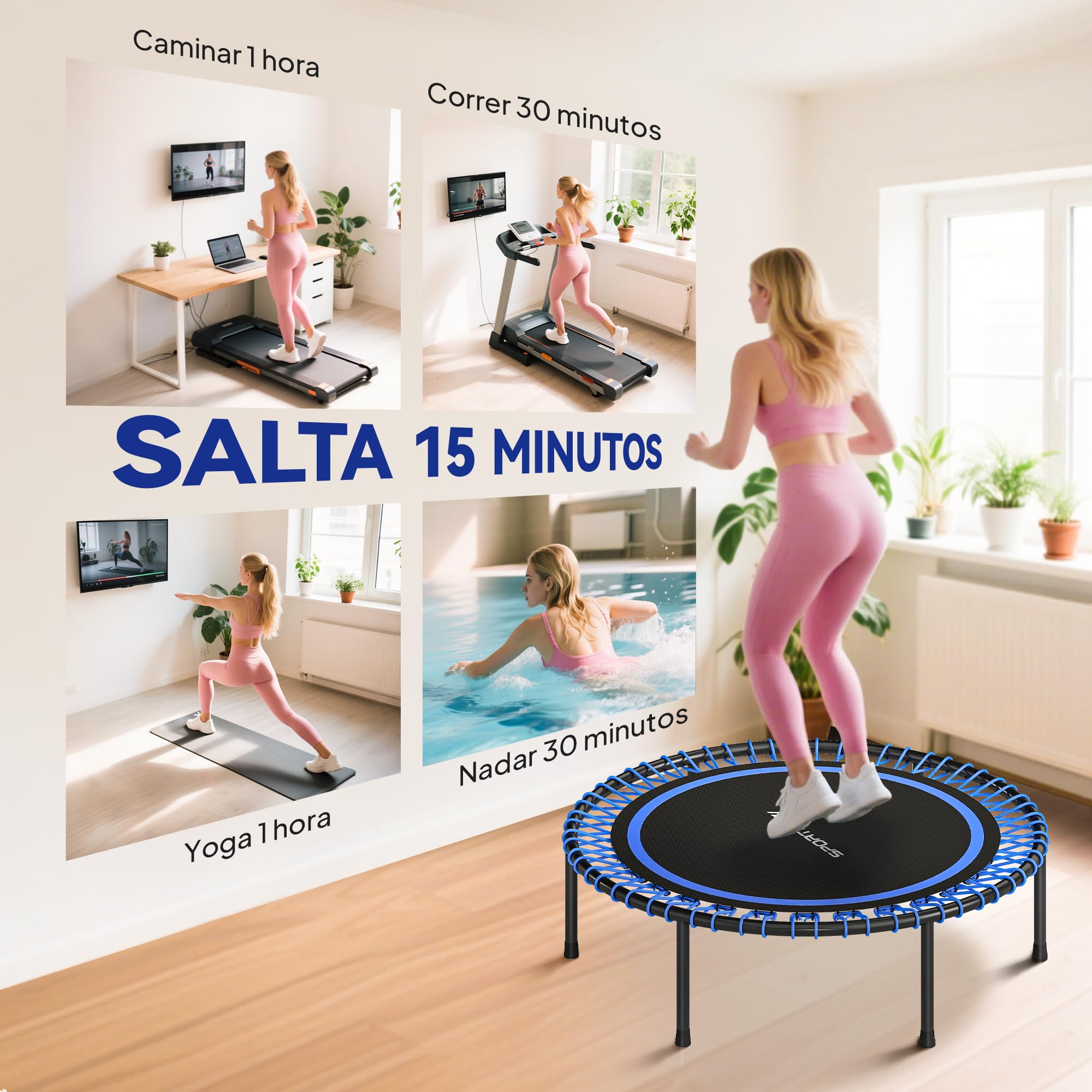 SPORTNOW Trampolino fitness per adulti Ø114 cm, trampolino elastico con telaio in acciaio rinforzato, carico 200 kg, per allenamento gambe, corpo in casa, ufficio, palestra
