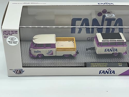 Miniatura 4 de M2 Machines Chase Car 1 de 750 Worldwide 1960 VW camión de doble cabina y 15 autobús de ventana escala 164 TW16 21-26 púrpura crema por M2