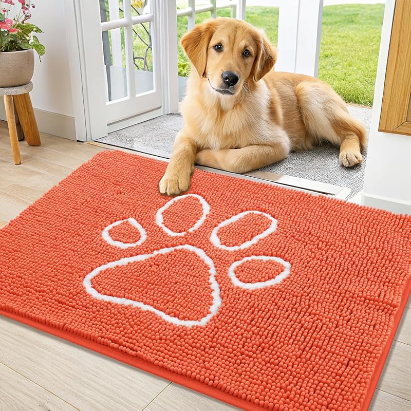 Tapete absorvente para patas de cães em chenille, antiderrapante, Smiry, coral e branco, 91,44 x 60,96 cm