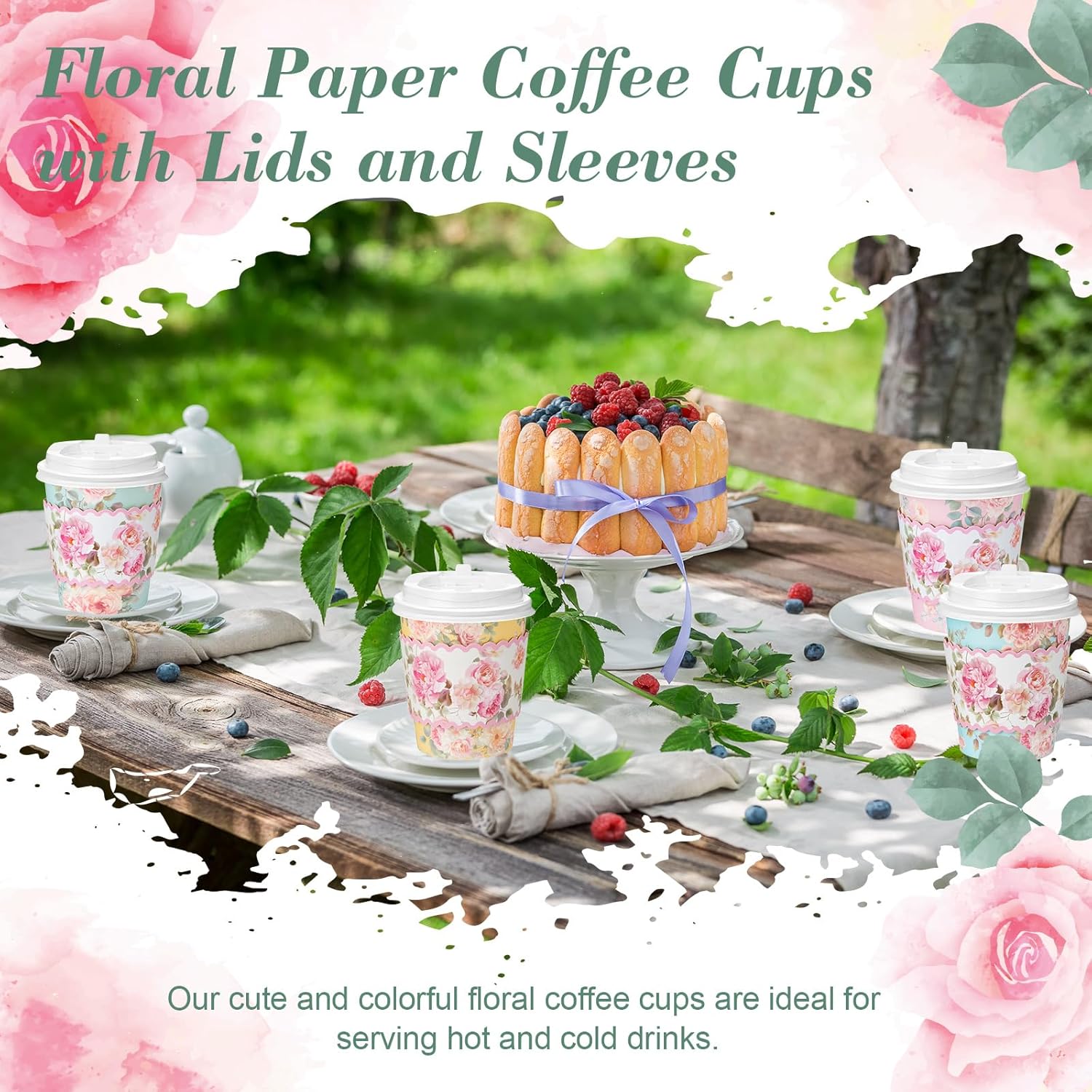 48 Pcs Floral Paper Coffee Cups with Lids and Sleeves Colorful Flower Design Disposable Coffee Cups for Tea Party Wedding Reception Baby Shower Supplies (8 oz) - Image 6