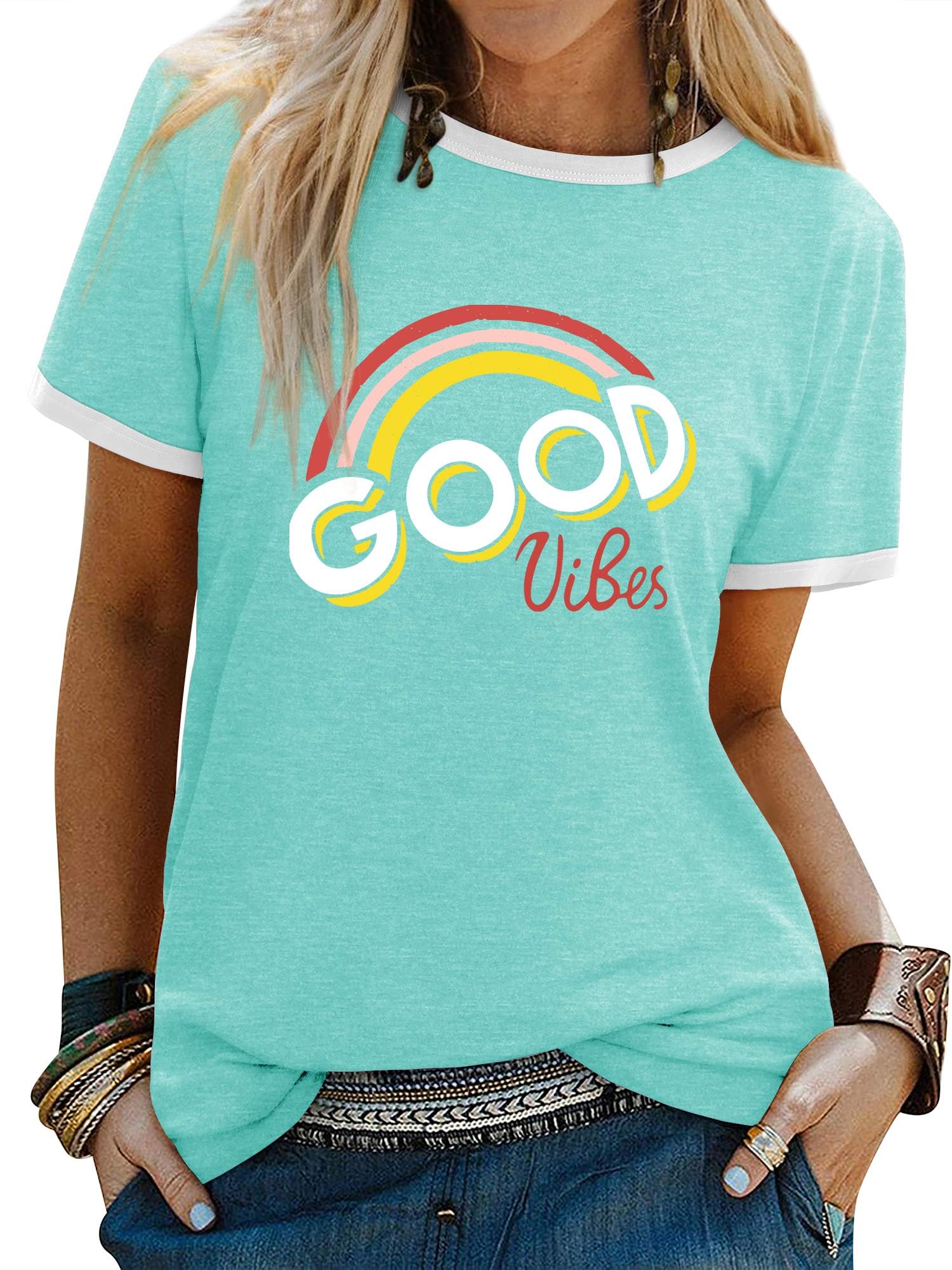 WIEIYM Tshirt Damen Rundhals Kurzarm T-Shirts Sommer T Shirts Good Vibes Regenbogen Brief Gedruckt Lässig Tee Shirts Oberteile Tops S-XXL