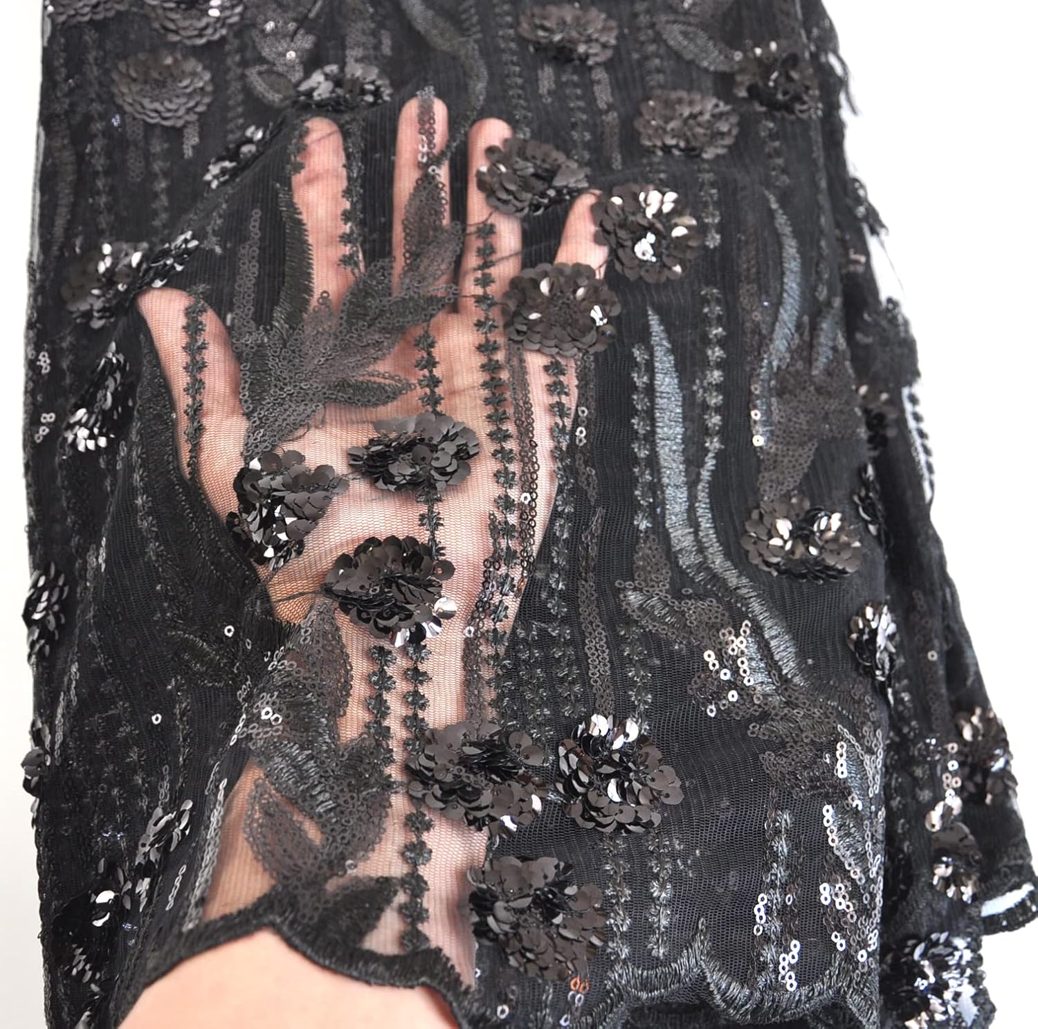 SanVera17 African Fabric 3D Sequins Net Fabrics Nigerian Embroidered Lace Fabric for Party Dress (Black) 5 Yards 320304