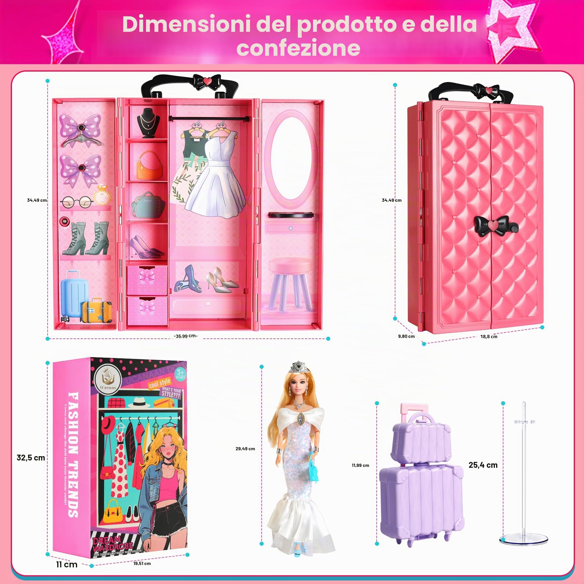 Armadio per bambole UCanaan da 20 pollici, con 20 supporti per vestiti e portaoggetti per accessori (senza bambole e accessori di abbigliamento) - Rosa