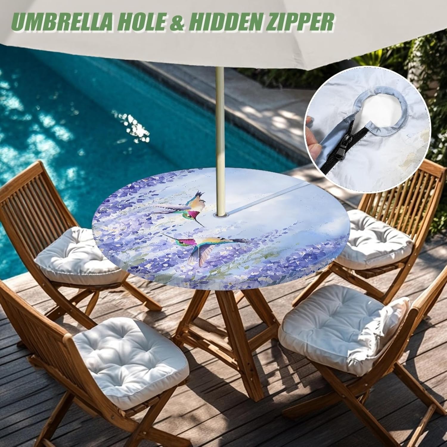 Hummingbird Outdoor Round Tablecloth with Umbrella Hole Waterproof Circle Fitted Tablecloth with Elastic Zippered Table Cloth Patio Table Cover for Picnic Garden, Fit for 36"-40" Outdoor Tables