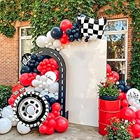 Vista 4 de Globos de autos de carreras con bandera a cuadros y globos de neumáticos, globos de látex rojos, negros y blancos para decoración de fiesta temática