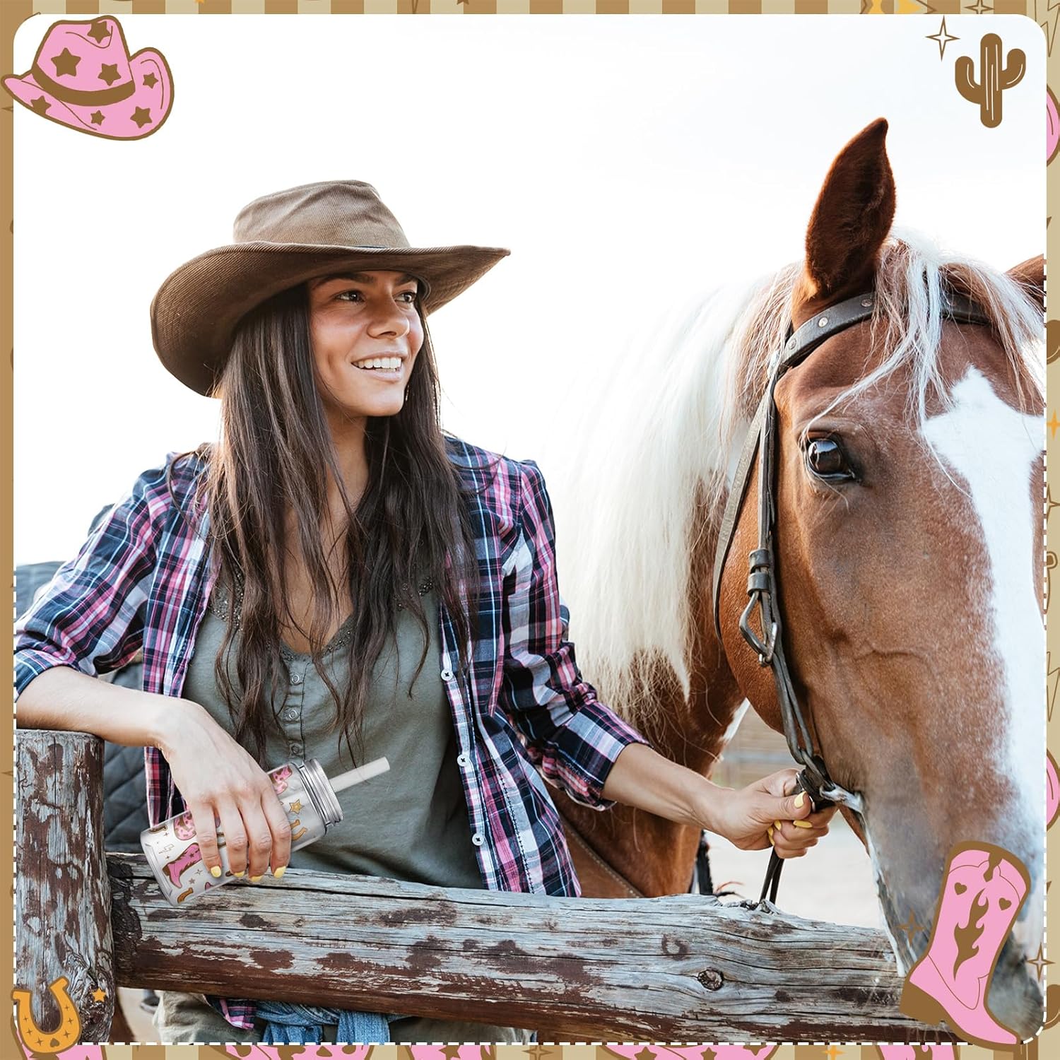 Qinyoung 24 Pcs Western Cowgirl Cowboy Plastic Tumbler 14.2 oz Cowgirl Party Favors Reusable Cups with Lids and Straws Decoration Iced Coffee Cup My First Rodeo Decorations(Classic Style,Pink Brown)