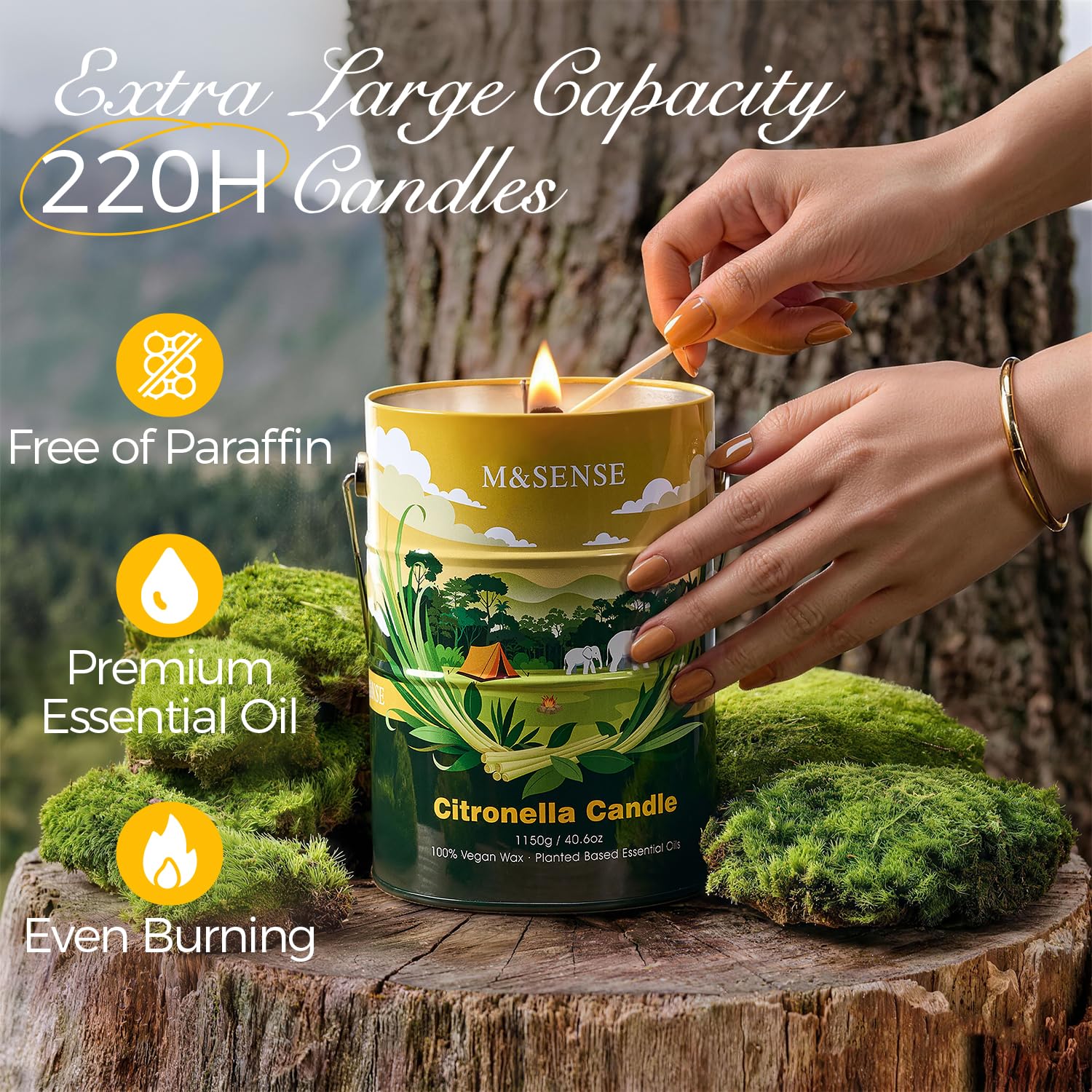 M&SENSE Bougie Citronnelle, 1150g 220h Combustion Grosse Bougie Parfumée Citronnelle, Bougie en Cire de Soja 100% Naturelle pour Jardin, Piscine, Camping, Terrasse, Pique-Nique