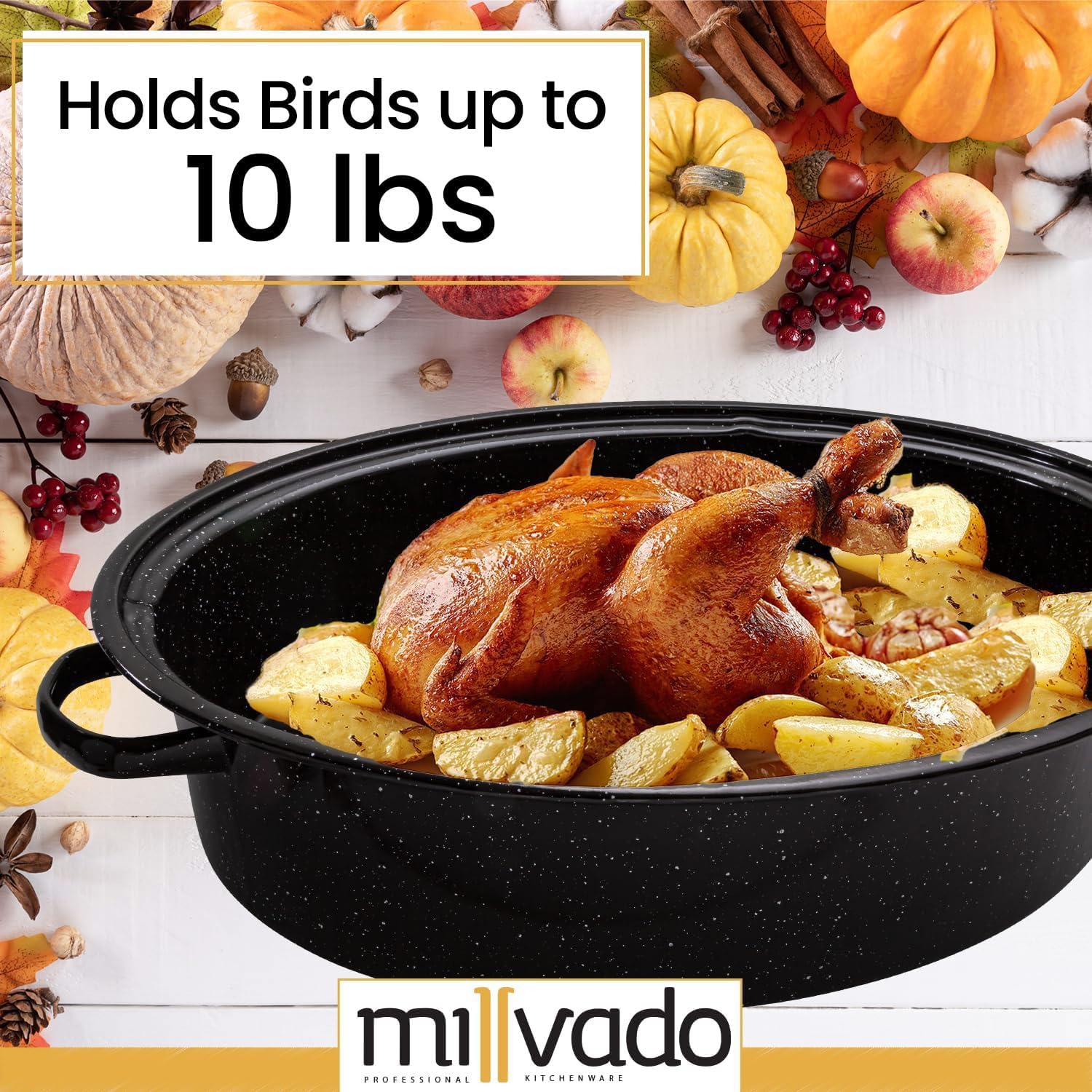 Granite Roasting Pan, 10 lb Capacity Turkey Roasting Pan with Lid, 15" Granite Oven Roaster Oval Shaped Speckled Enamel on Steel Cookware - Image 3