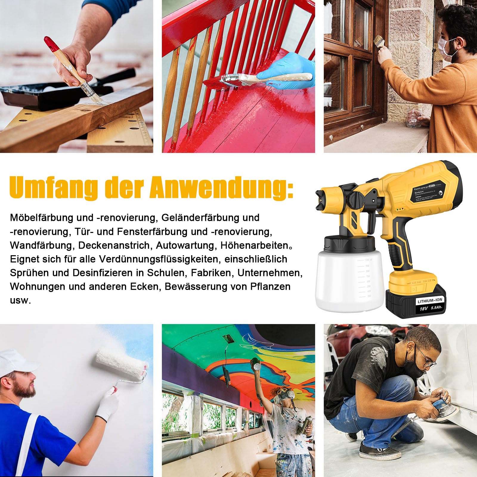 Pistolet a Peinture sans Fil avec 2 * 5500mAh Batterie, ASUNCELL Pistolet Peinture Electrique avec Grand récipient de 1 000 ML, pour Murs, Plafonds, Meubles, Clôtures, Armoires (Jaune)