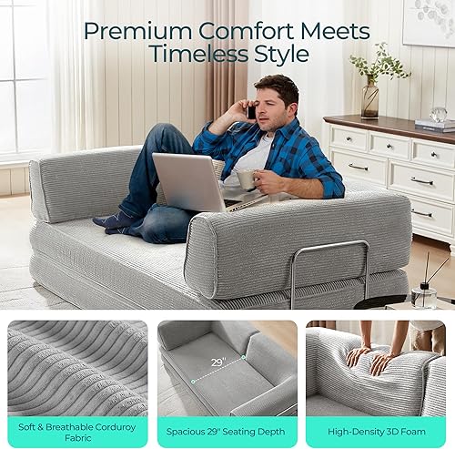 Miniatura 8 de LINSY HOME Sofá cama convertible de 79 pulgadas, sofá cama plegable de compresión, sofá cama plegable de pana para sala de estar y dormitorio, sofá