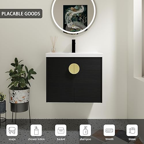 Miniatura 7 de Conjunto de tocador de baño de 24 pulgadas montado en la pared con lavabo, moderno juego de tocador de baño flotante con lavabo, armario de