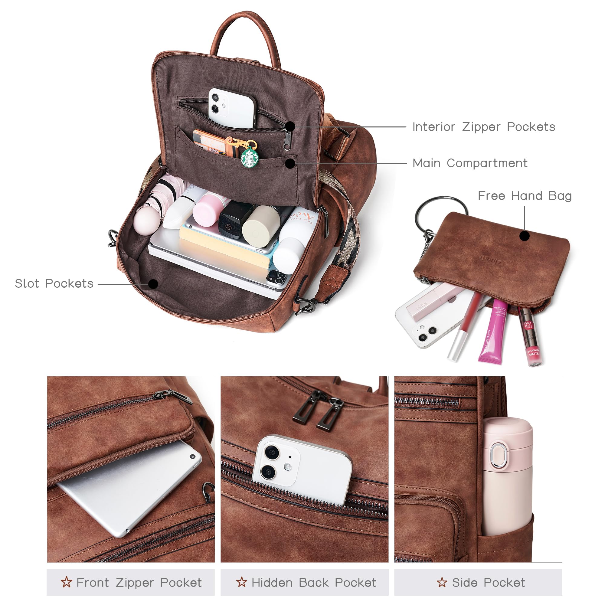 Shrrie Rucksack Damen,Cityrucksack Reiserucksack,PU Lederrucksack Handtasche Rucksack Damen Wasserdicht mit Geldbörse für Freizeit,Büro,Pendeln,Arbeit,Daypack-Nubukbraun