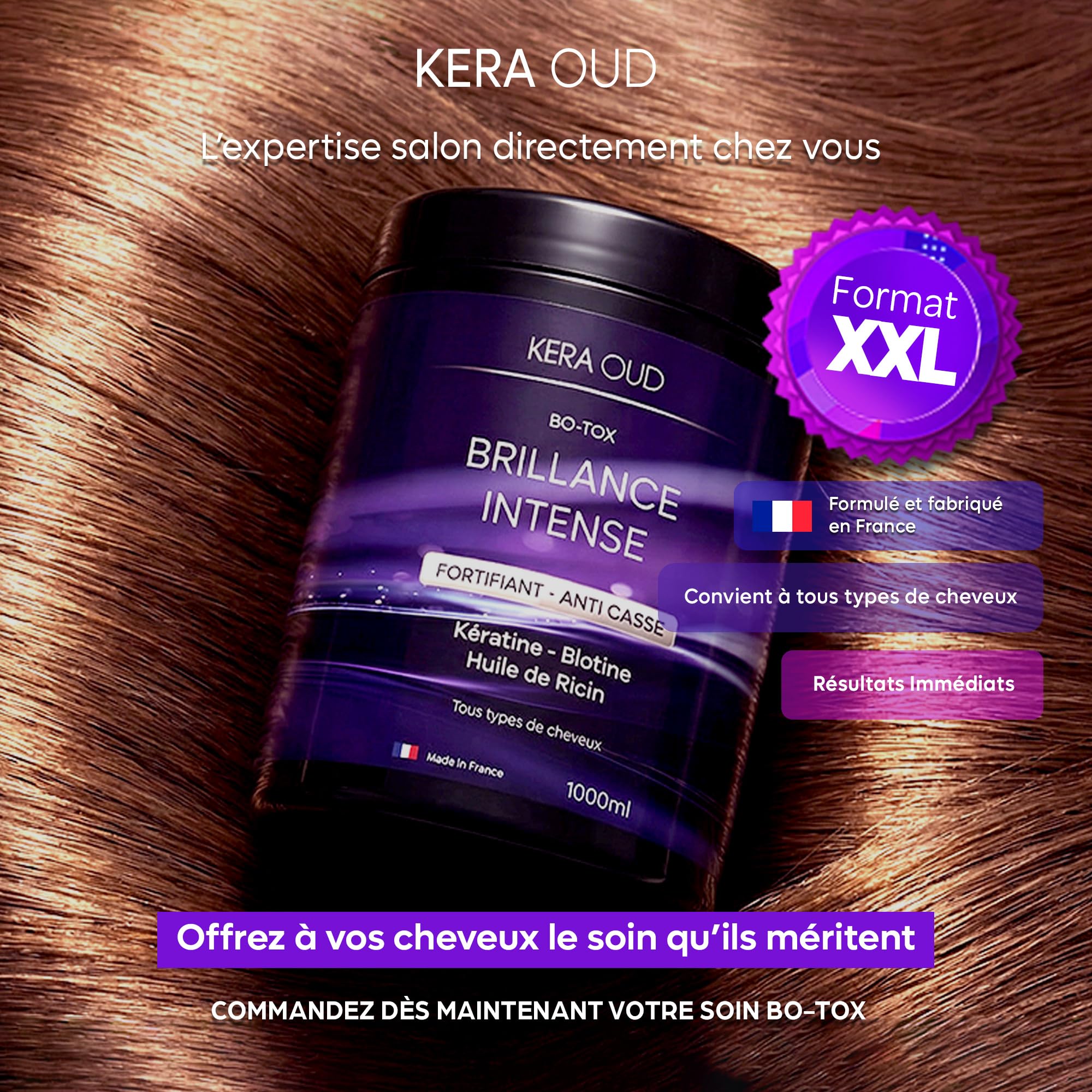 BO-TX-Masque Capillaire Professionnel sans Formol I Biotine, Huile de Ricin & Kératine I Réparation Intense, Anti-Chute & Brillance – Tous Types de Cheveux – 1000 ml – Made in France