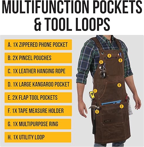 Miniatura 6 de Delantal de taller  Delantal de trabajo de lona encerada de 16 onzas con bolsillos, impermeable, totalmente ajustable para adaptarse cómodamente a