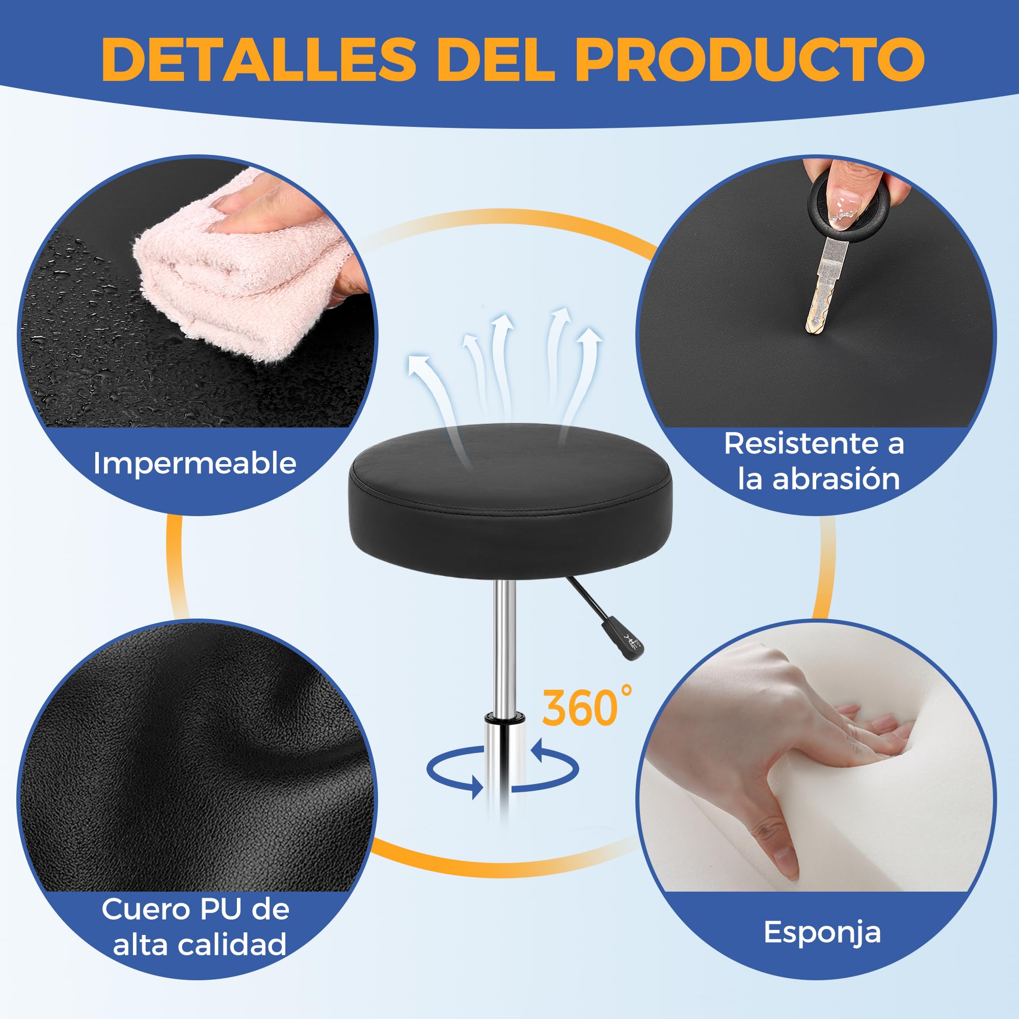 ANWBROAD Taburete con Ruedas, Taburete Giratoria de 360°, Regulable en Altura, Asiento Acolchado,Carga 205 kg, para salón de Belleza, Spas, clínica Negro WSC001B