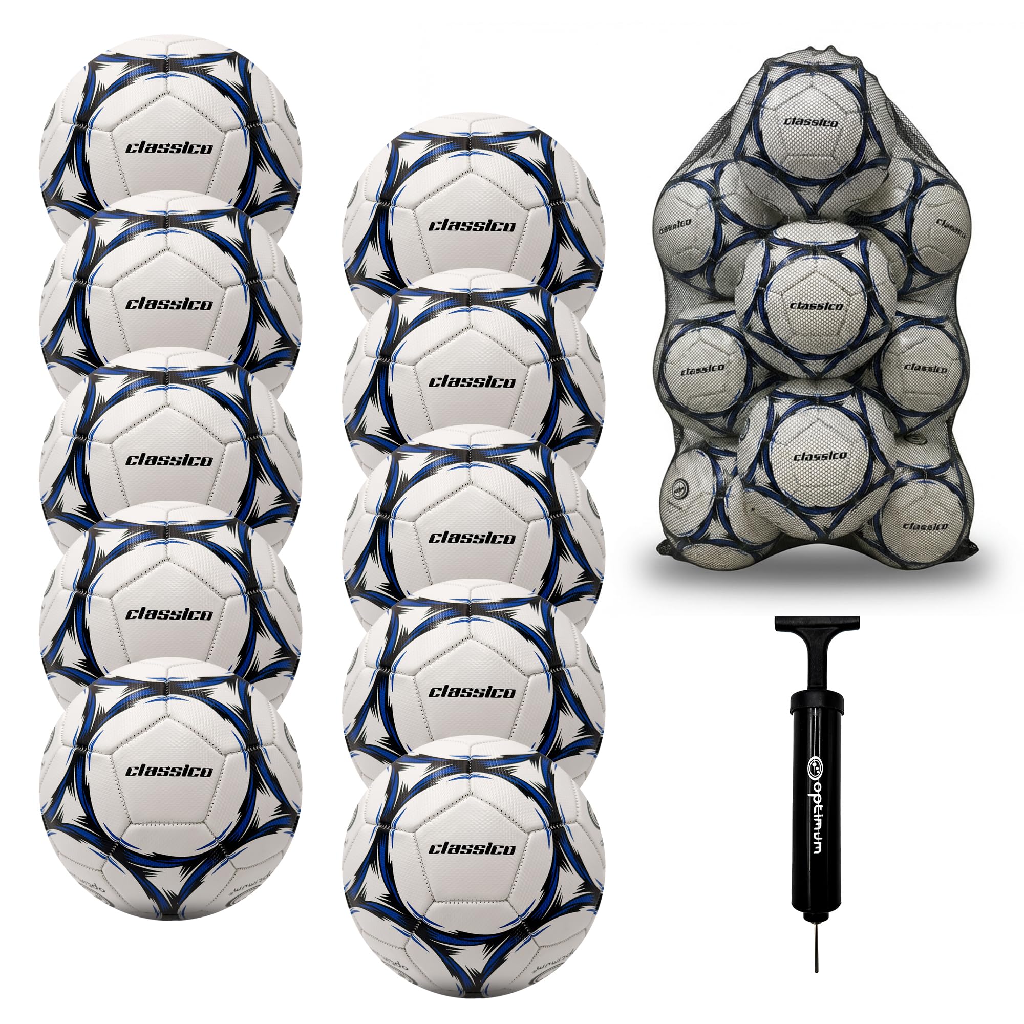 Optimum Sport Classico Football Bulk Pack with Bag & Ball Pump for Indoor/Outdoor Training & Matches, Durable Valve for Consistent Flight & Lasting Air Retention โ 10 Pack, Size 3, White/Black/Blue โ image 1