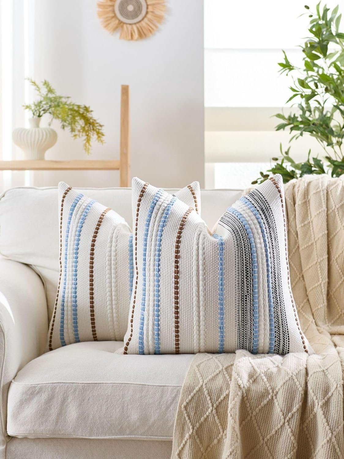 Pack of 2 Boho Throw Pillow Covers,Blue Brown White Striped Farmhouse Decorative Square Textured Woven Pillowcase for Sofa Couch Bed Living Room Decor,18x18 Inch