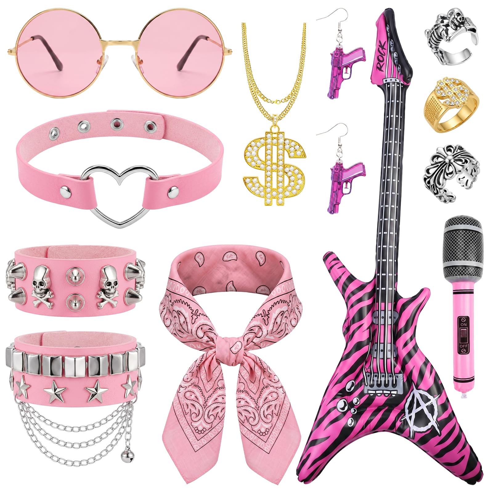 GLGHMH Rock Star Fancy Dress Set 80s Rock Costume with Inflatable Guitar,Microphone,Tattoo Sleeves,Sunglasses,Bandana Punk Accessories for 80s Party,Halloween Rock Theme Events — image 1