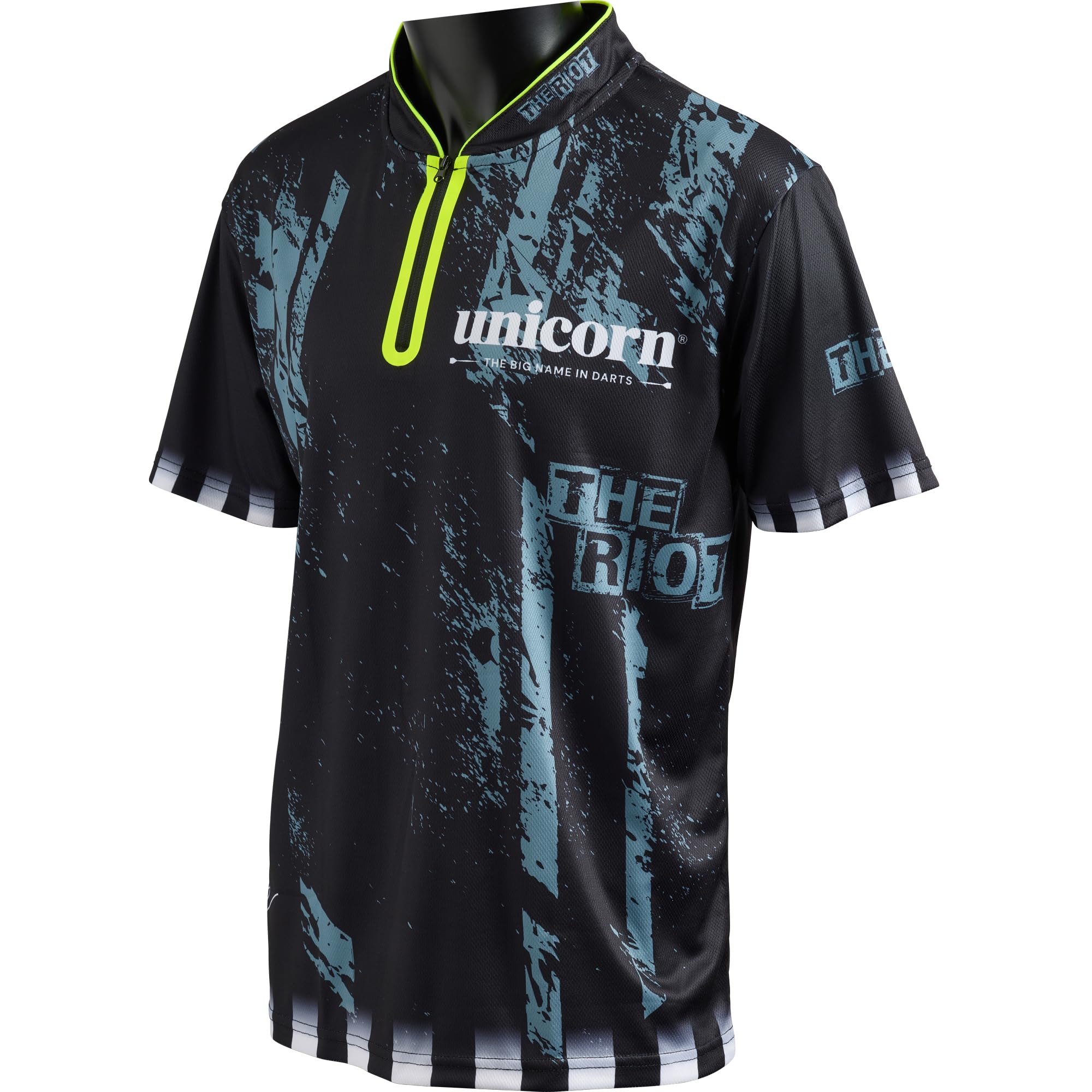 Unicorn Callan Rydz Darts Shirt | The Riot Logo | Cool Breathable Soft-Feel Micro Mesh 3-Tuk Polyester | Blue & Black with Fluro Neck Detail | XXXXL to fit Chest 53-56 inches