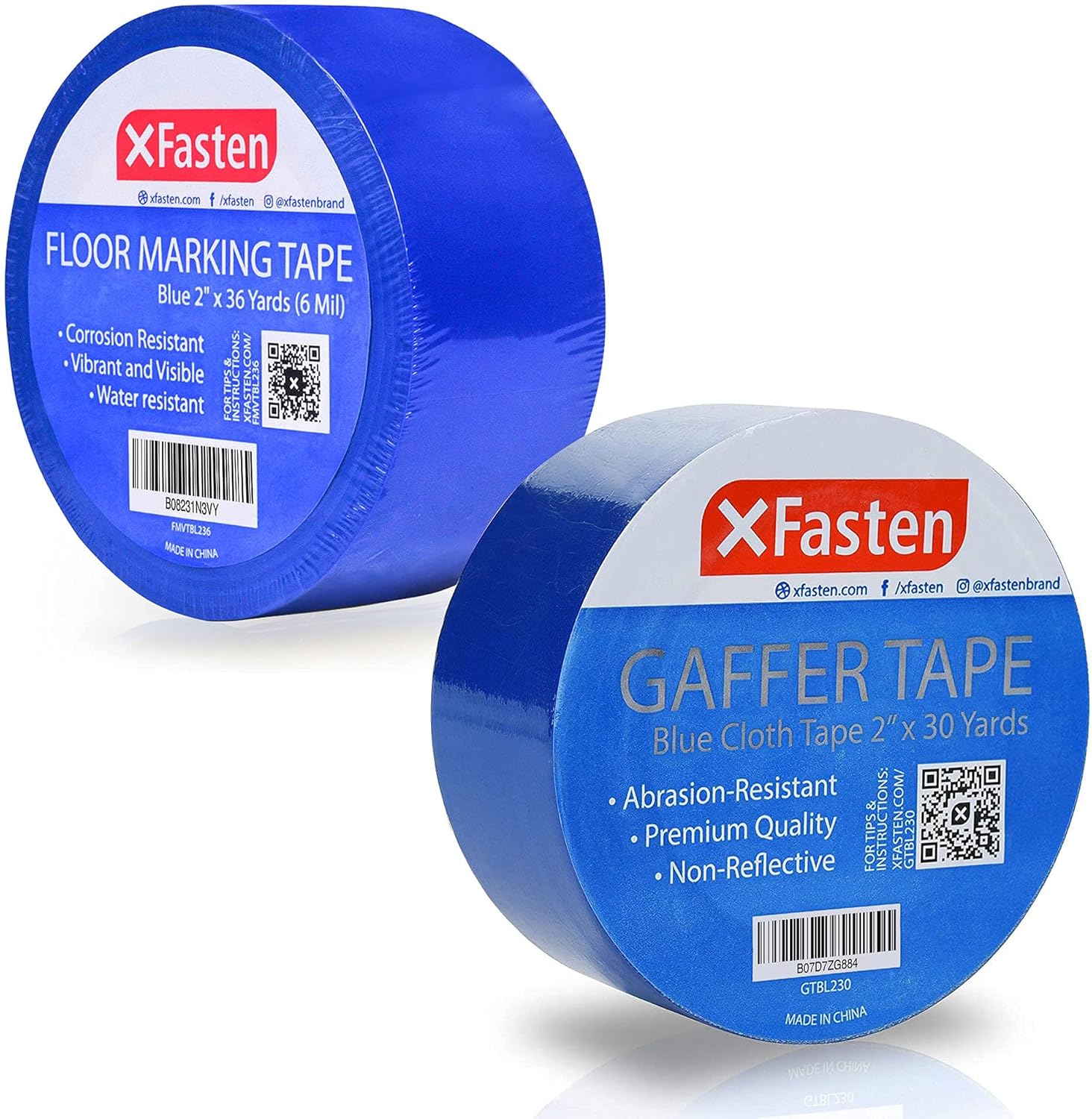 XFasten Professional Grade Gaffer Tape, 2 Inch x 30 Yards, Blue Bundle with Floor Marking Vinyl Tape, 2 Inches x 36 Yards, 5.2 Mils Thick, Blue