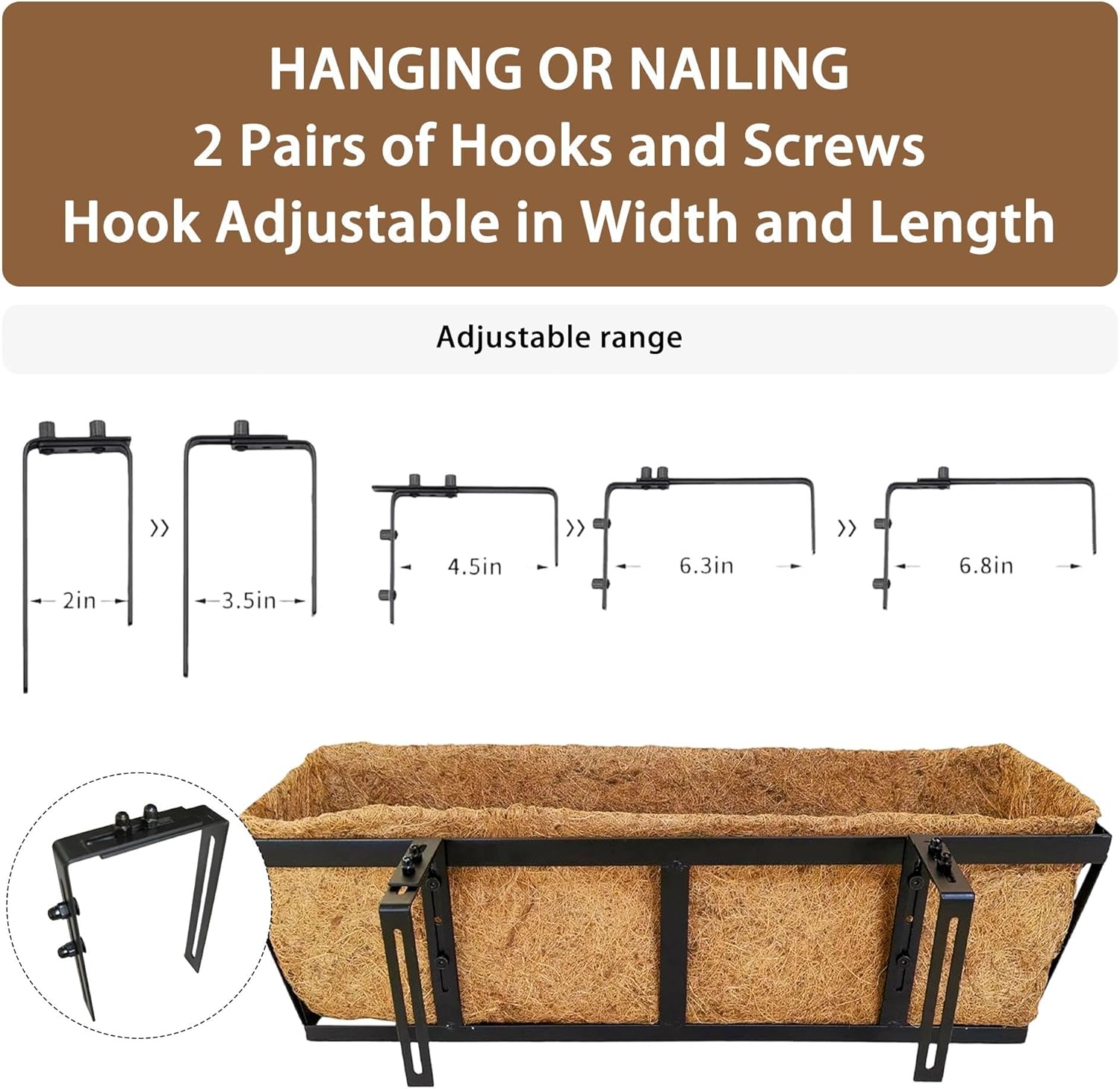 24 Inch Window Box Railing Planter Boxes with Coconut Liner,Black Metal Hanging Flower Planter Window Boxes Horse Trough for Outdoor Garden Lawn,2 Packs