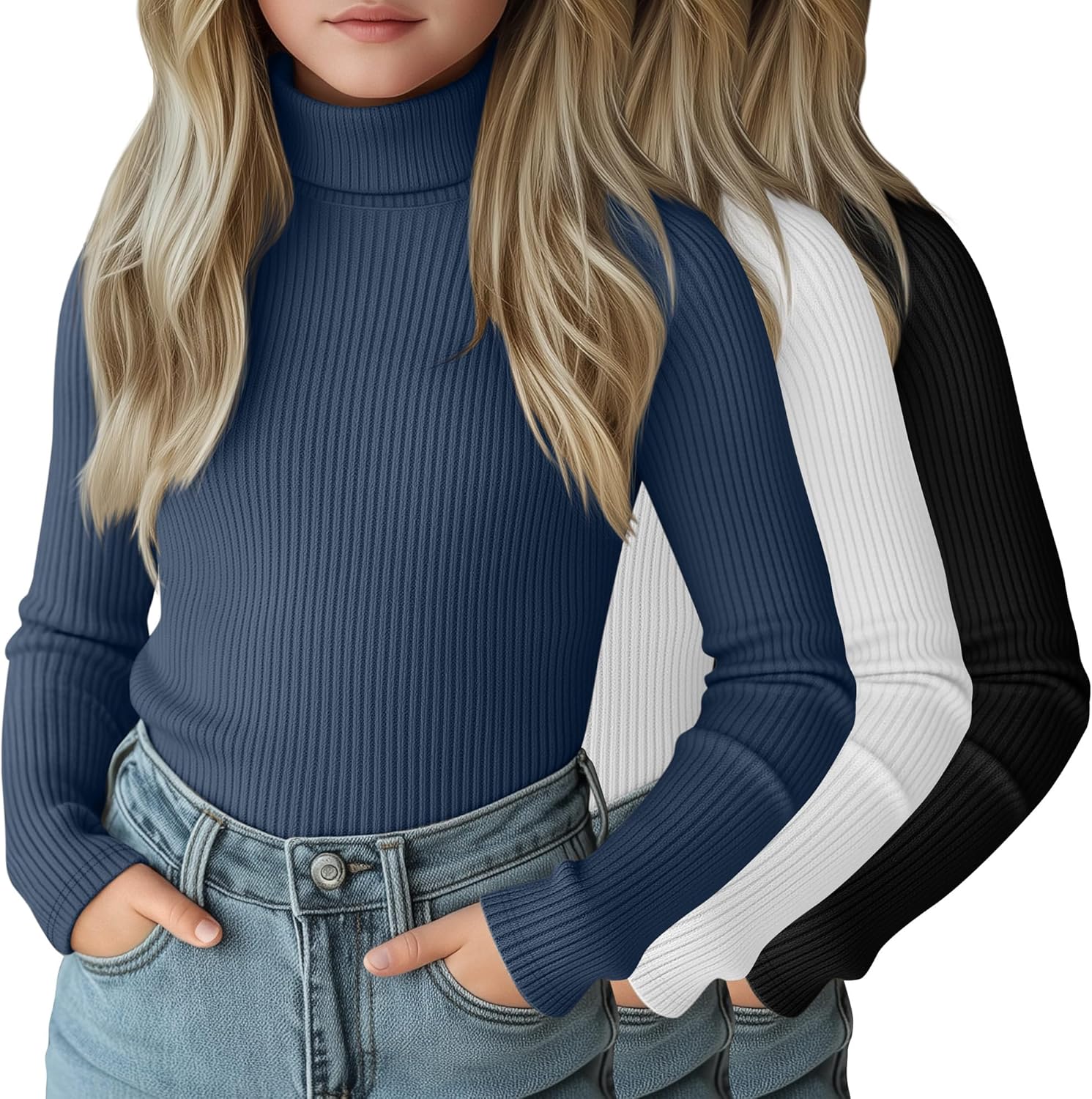 LessonZoo 3 Pack Girls Turtleneck Long Sleeve Shirts Ribbed Knit Cotton Layer Tops Slim Fit Casual Undershirts 5-14 Years