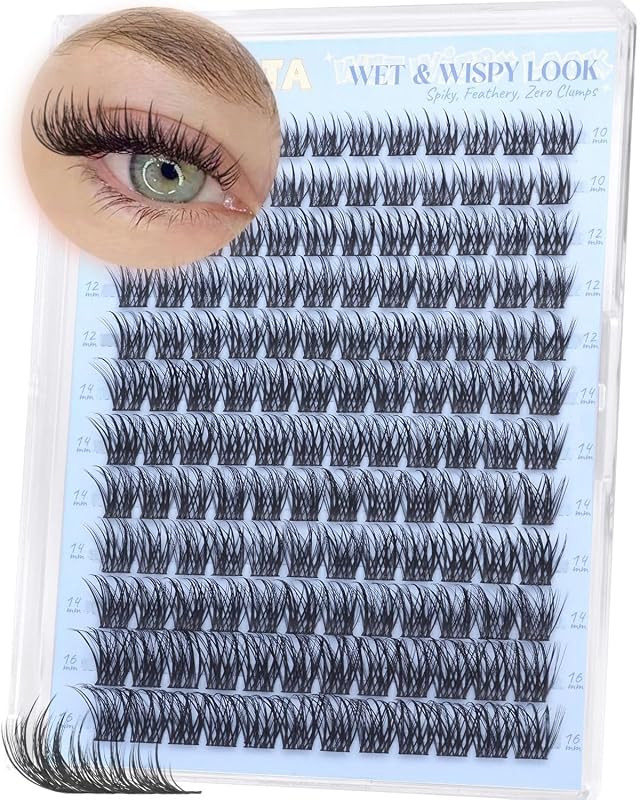 Cílios postiços em tufos PHKERATA com curvatura C, efeito wet look, 10–16 mm, 144 unidades