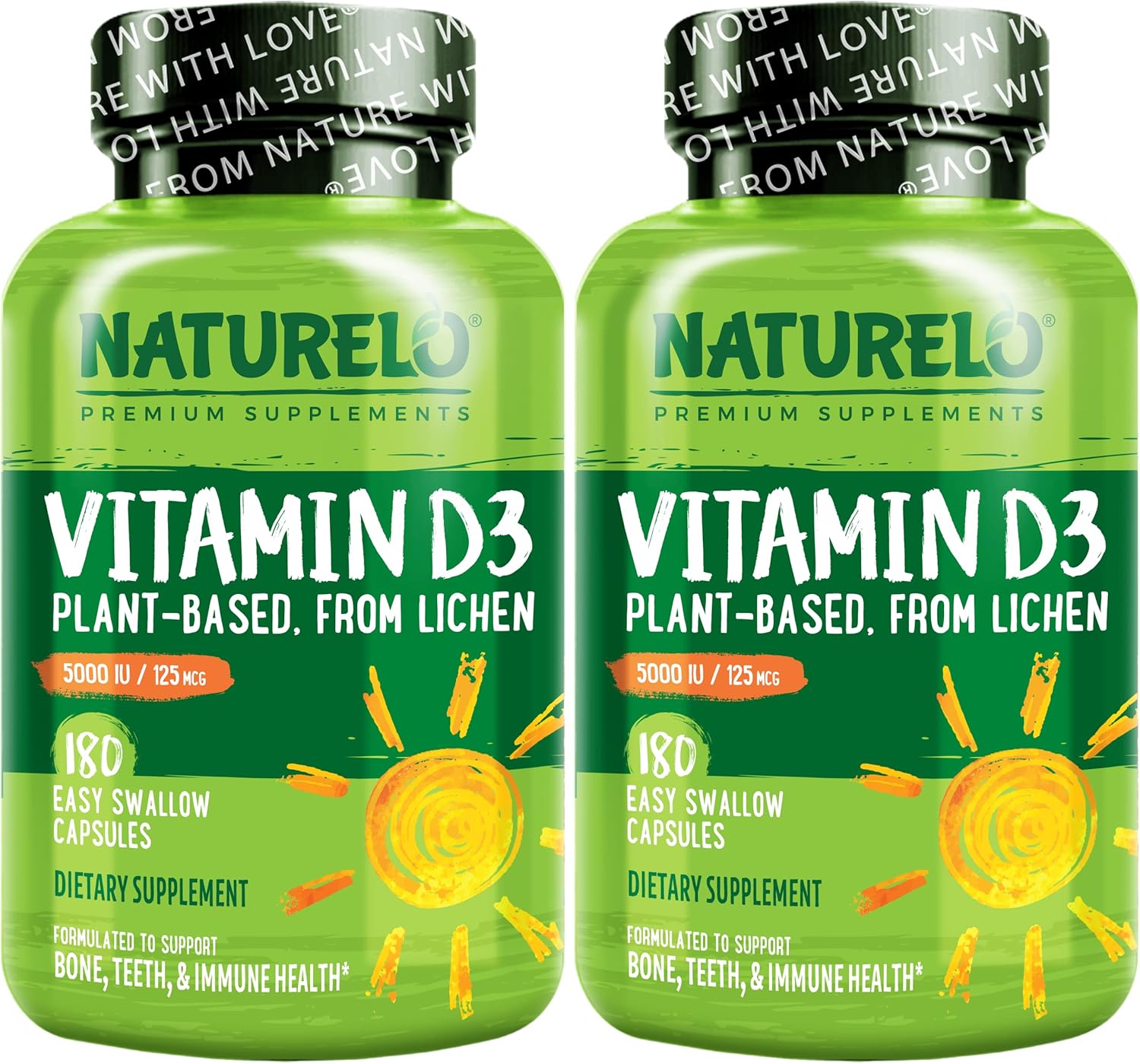 NATURELO Vitamin D – 5000 IU – Plant Based from Lichen – Natural D3 Supplement for Immune System, Bone Support, Joint Health – High Potency – Vegan – Non-GMO – Gluten Free – 180 Capsules (Pack of 2) NATURELO Vitamin D – 5000 IU – Plant Based from Lichen – Natural D3 Supplement for Immune System, Bone Support, Joint Health – High Potency – Vegan – Non-GMO – Gluten Free – 180 Capsules (Pack of 2)