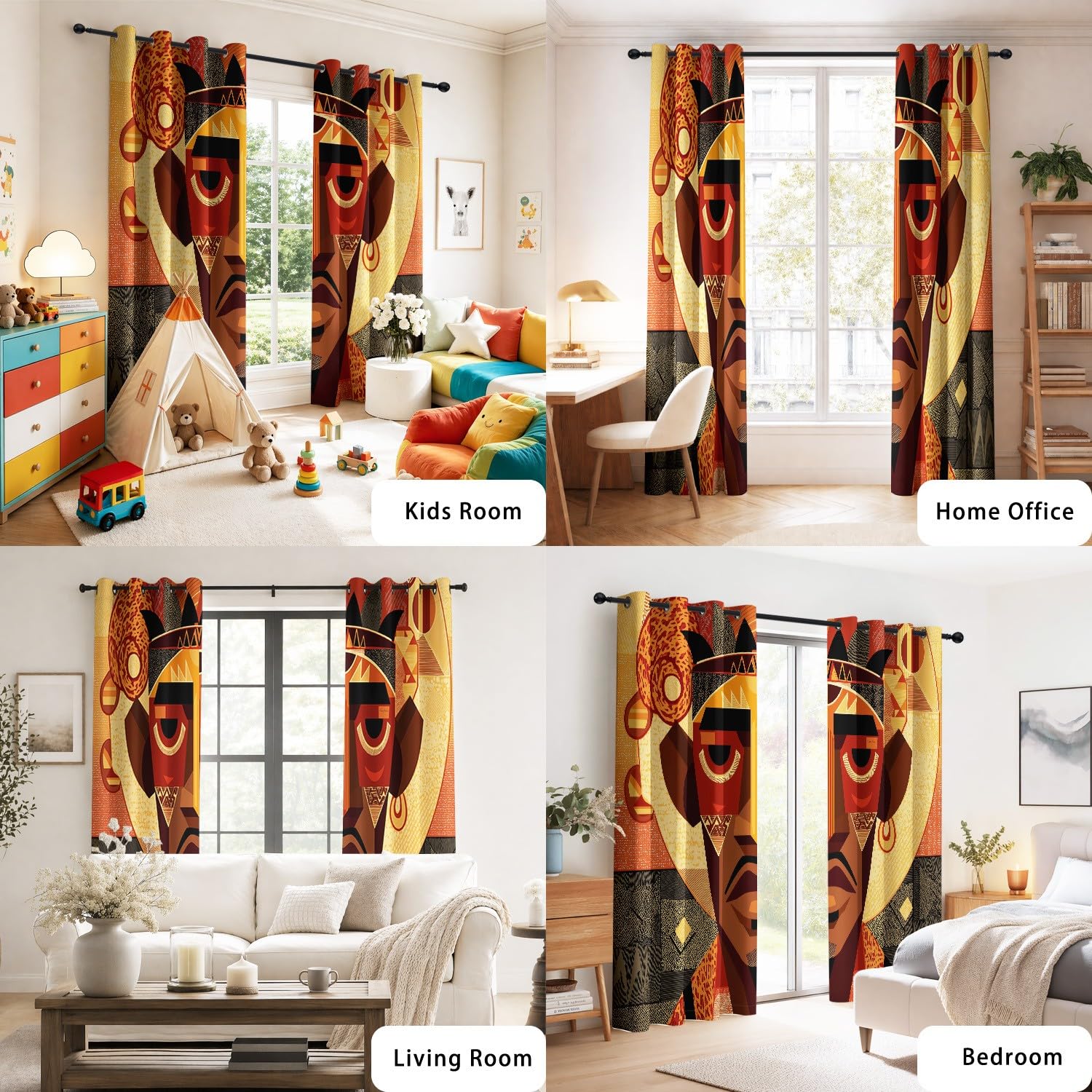 Generico Tende Oscuranti per Amante Dell’Arte, Tribale Personaggi Simboli, Marrone, Stile Africano, Tenda Microfibra con Anelli per Interni Camera da Letto Soggiorno L 140 x A 260 cm, 2 Pezzi
